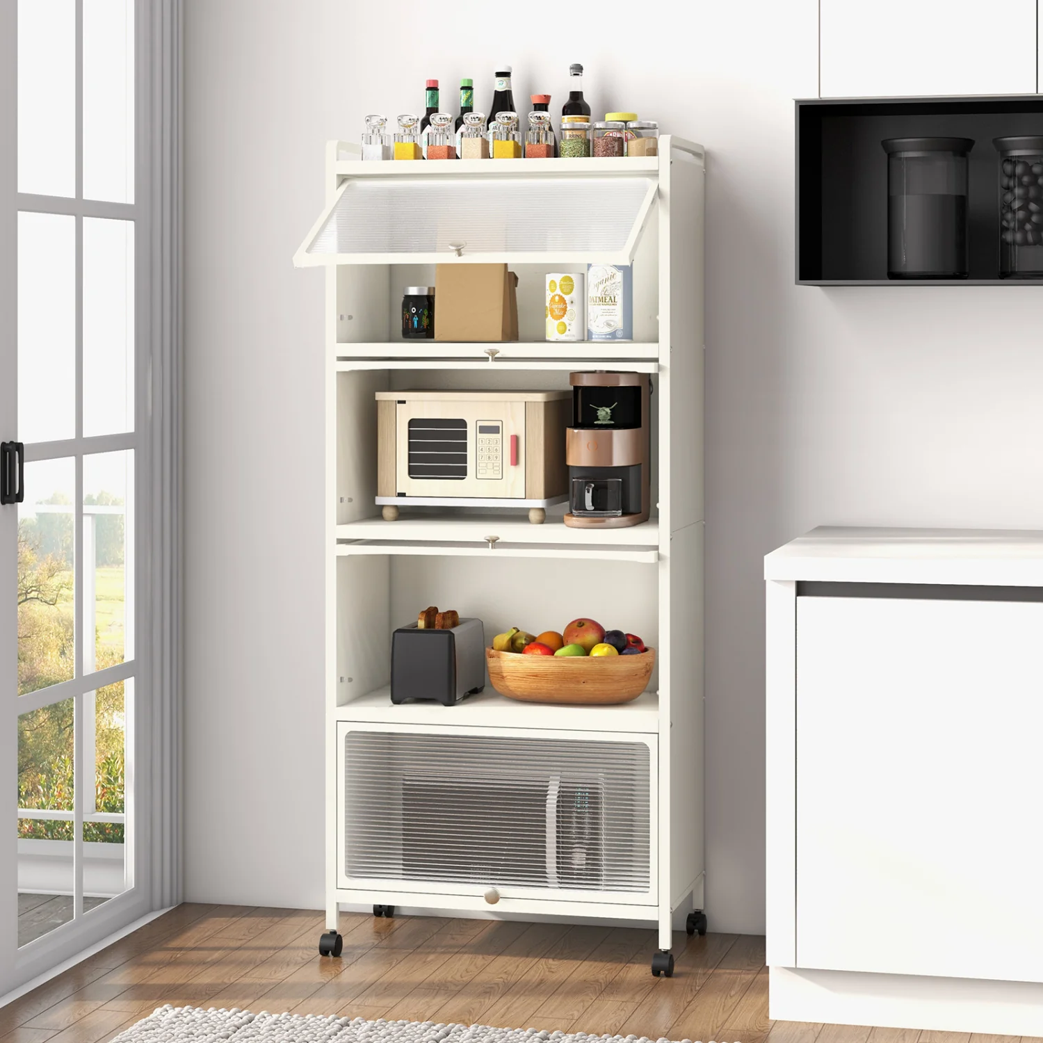 5-Tier Kitchen Baker's Rack With Flip-Up Doors, White - Image 2