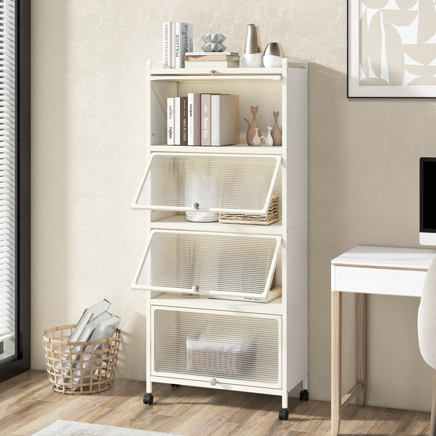 5-Tier Kitchen Baker's Rack With Flip-Up Doors, White - Image 3