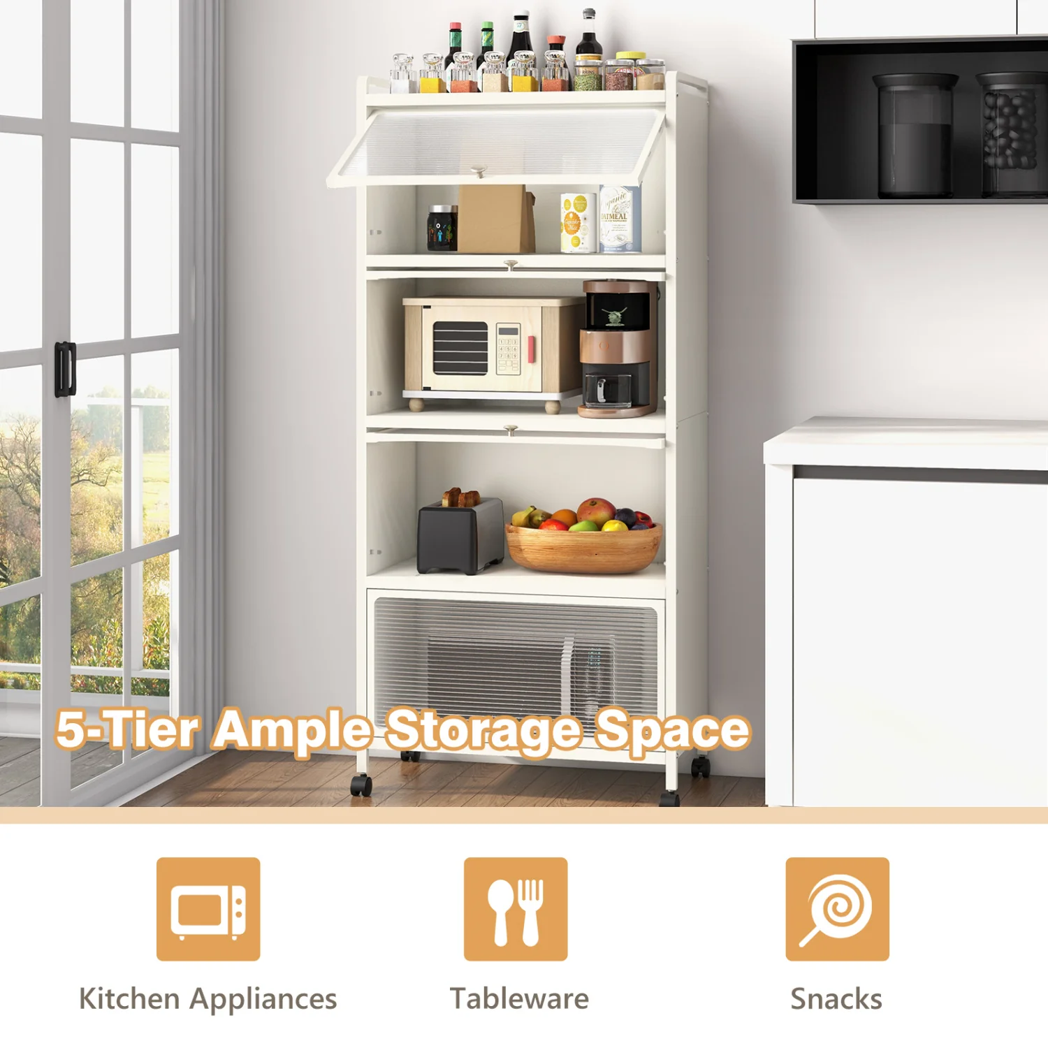 5-Tier Kitchen Baker's Rack With Flip-Up Doors, White - Image 7