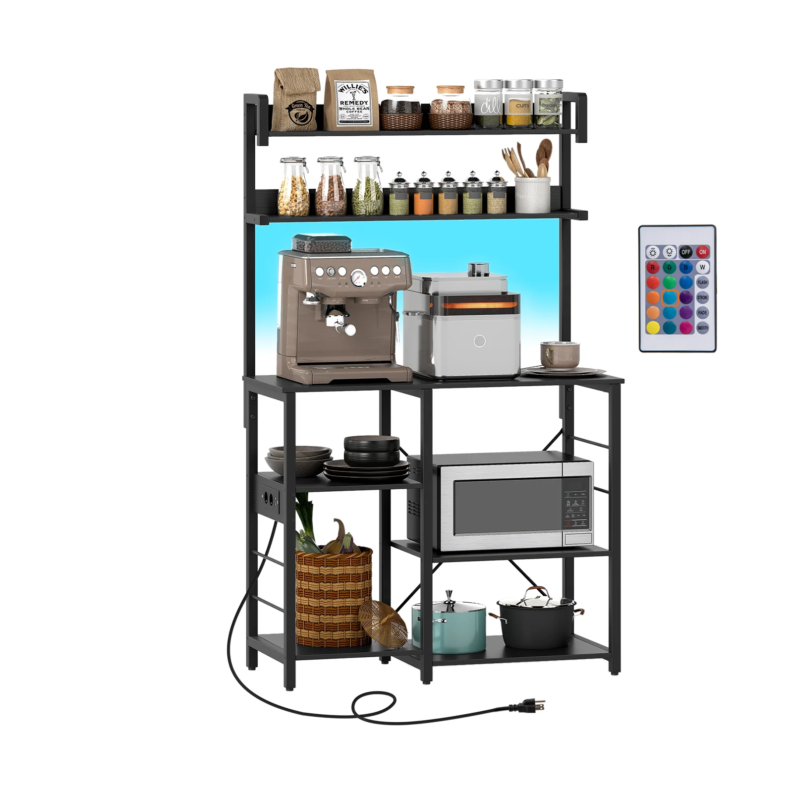 5-Tier Kitchen Bakers Rack With Power Outlet, LED Lights, Black - Image 4