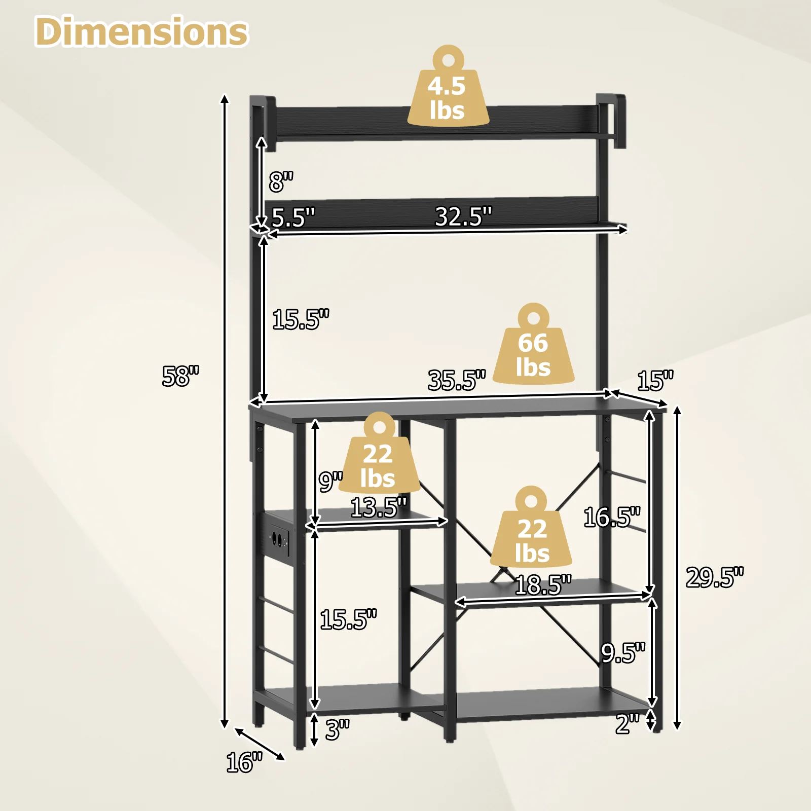5-Tier Kitchen Bakers Rack With Power Outlet, LED Lights, Black - Image 6