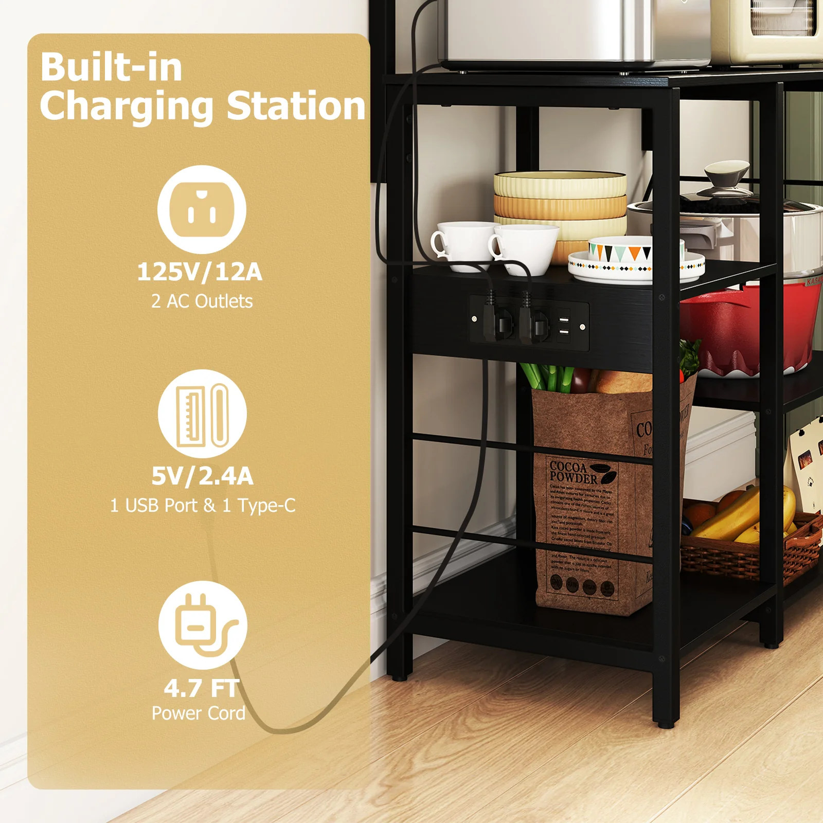 5-Tier Kitchen Bakers Rack With Power Outlet, LED Lights, Black - Image 9