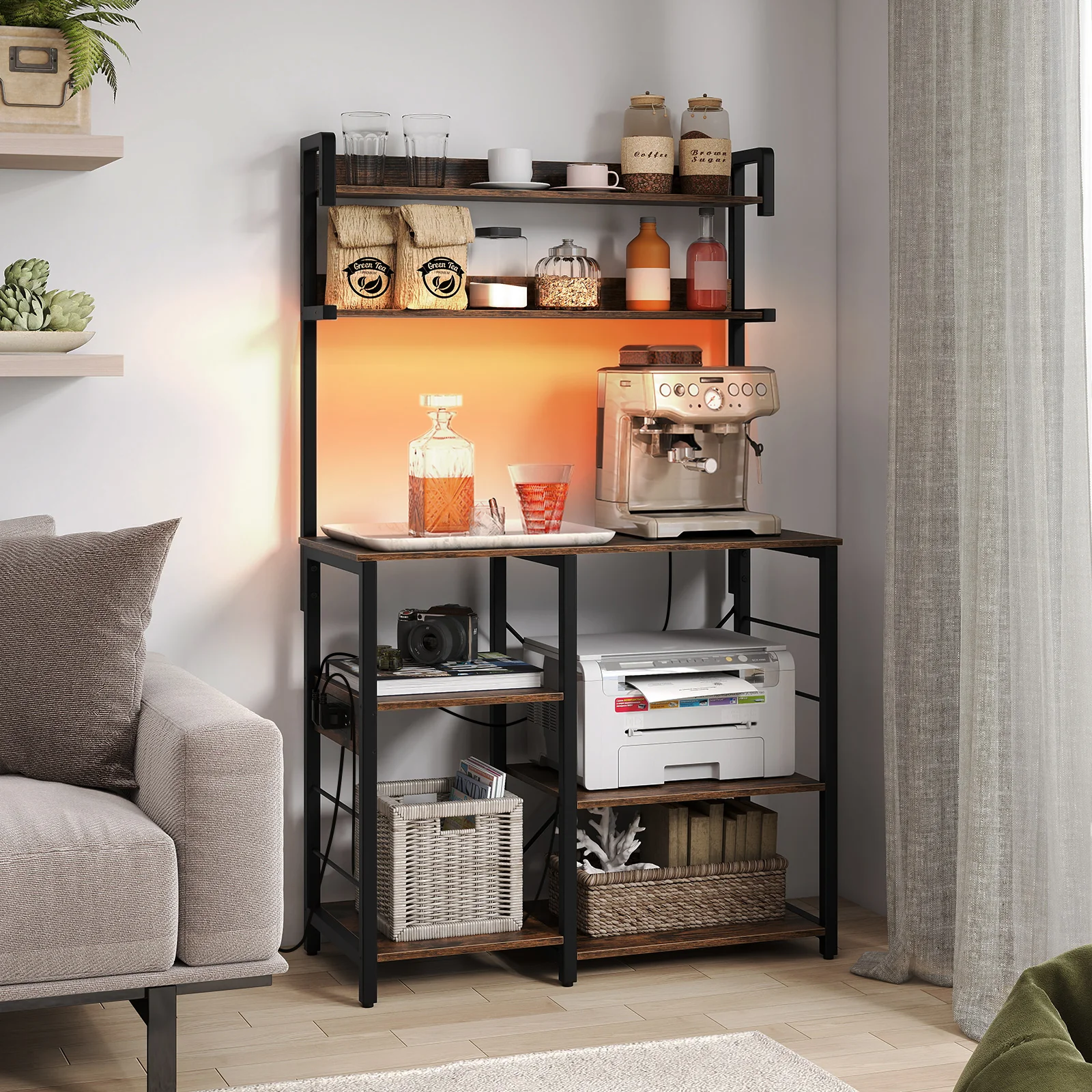 5-Tier Kitchen Bakers Rack With Power Outlet, LED Lights, Rustic Brown - Image 3