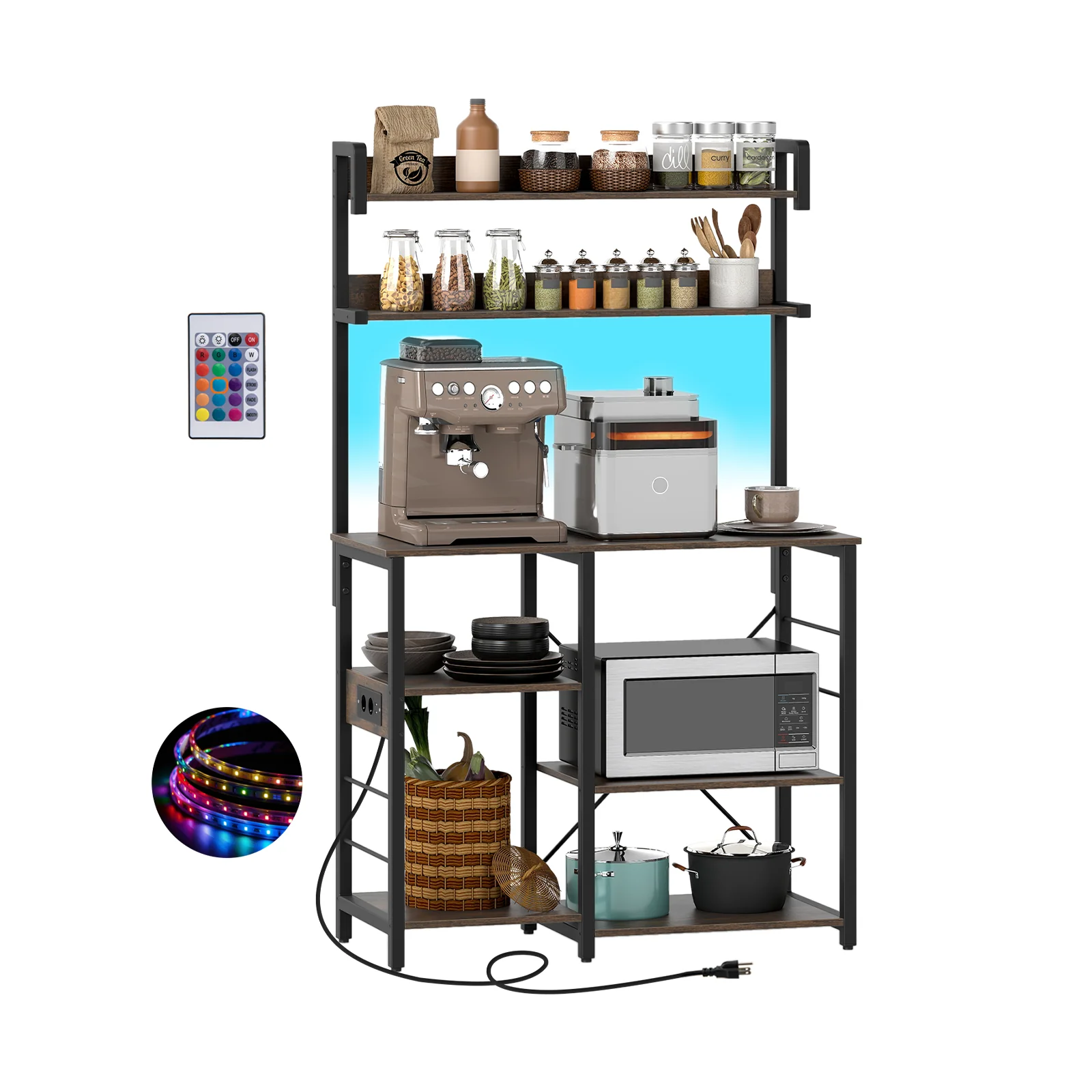 5-Tier Kitchen Bakers Rack With Power Outlet, LED Lights, Rustic Brown - Image 4