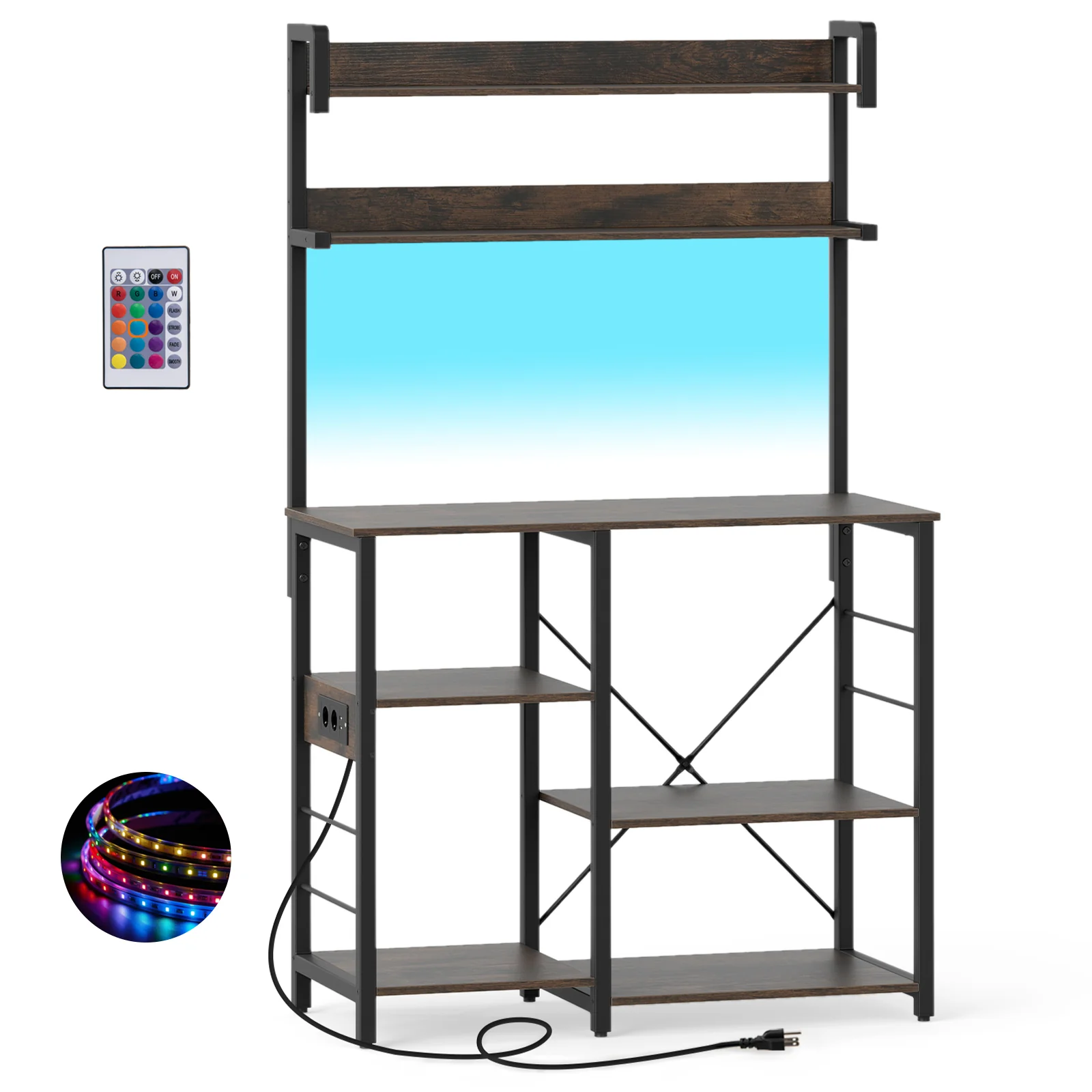 5-Tier Kitchen Bakers Rack With Power Outlet, LED Lights, Rustic Brown - Image 5