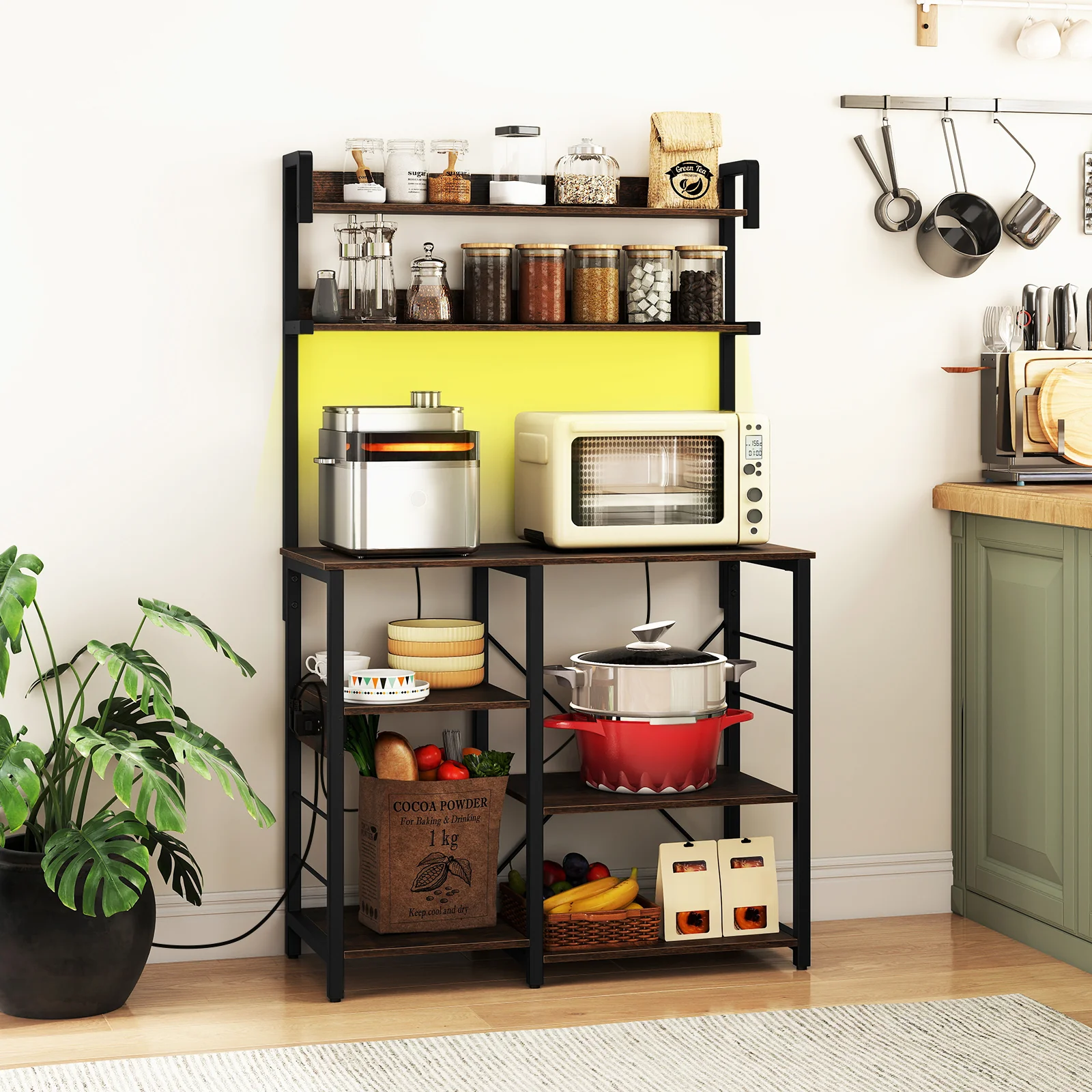 5-Tier Kitchen Bakers Rack With Power Outlet, LED Lights, Rustic Brown - Image 7