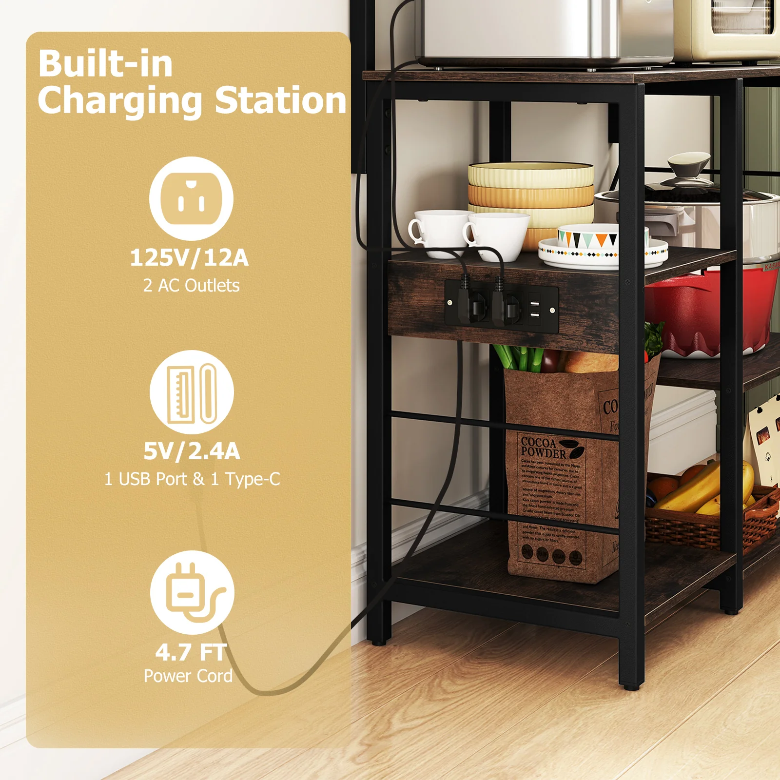 5-Tier Kitchen Bakers Rack With Power Outlet, LED Lights, Rustic Brown - Image 9
