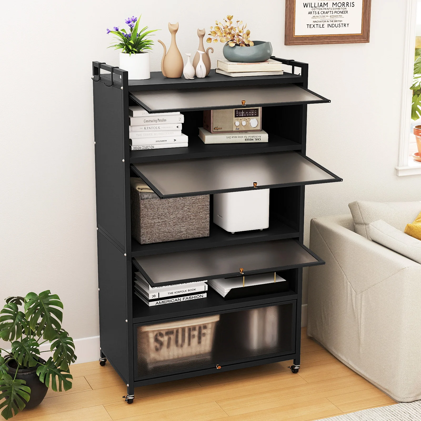 5-Tier Kitchen Storage Cabinet with 4 Flip-up Doors, Black - Image 2
