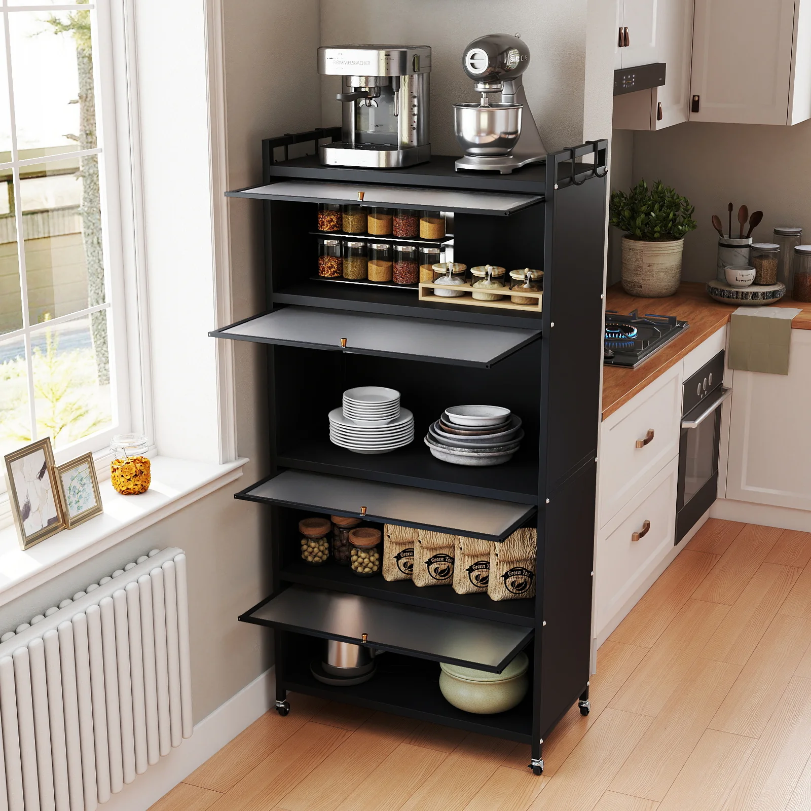 5-Tier Kitchen Storage Cabinet with 4 Flip-up Doors, Black - Image 3