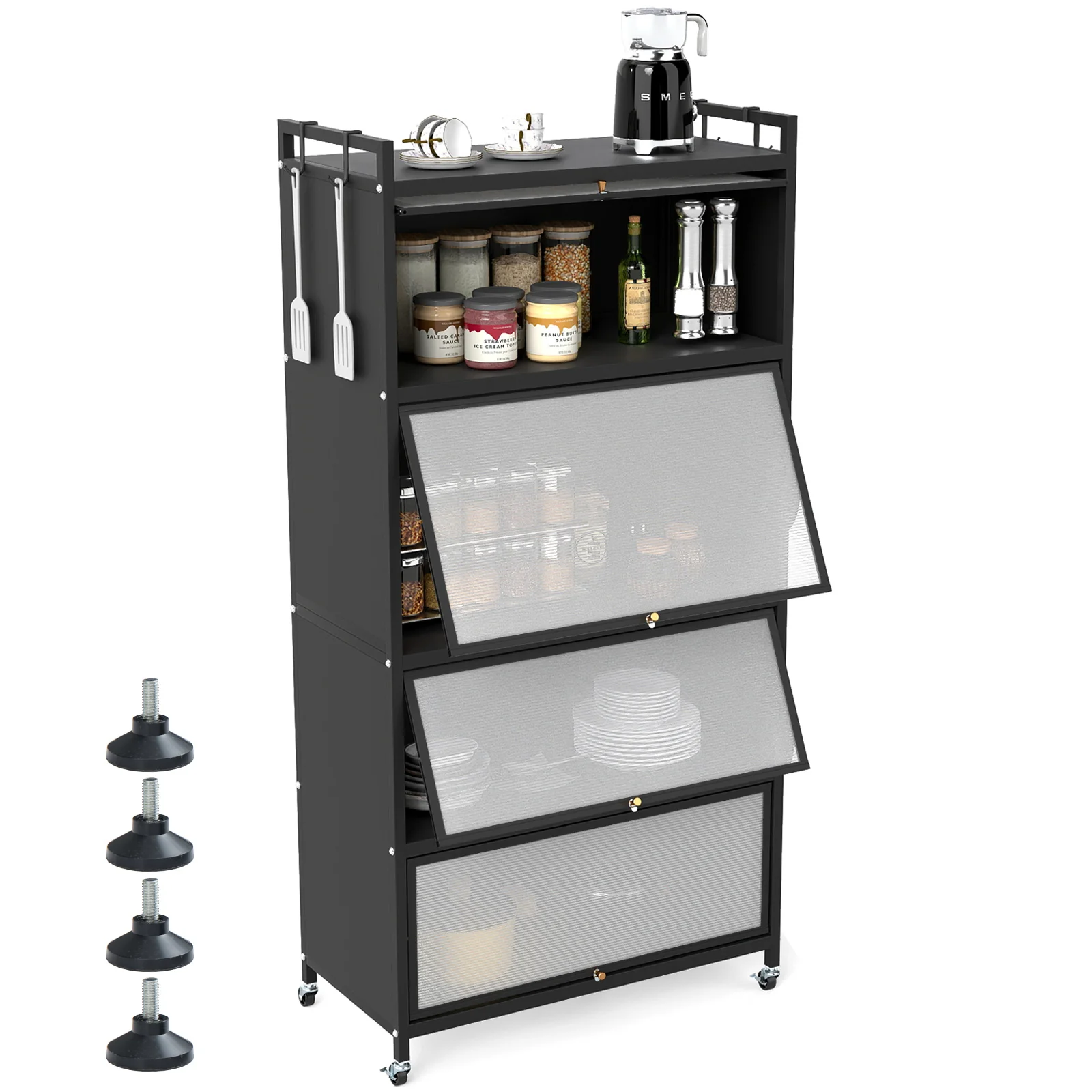 5-Tier Kitchen Storage Cabinet with 4 Flip-up Doors, Black - Image 4