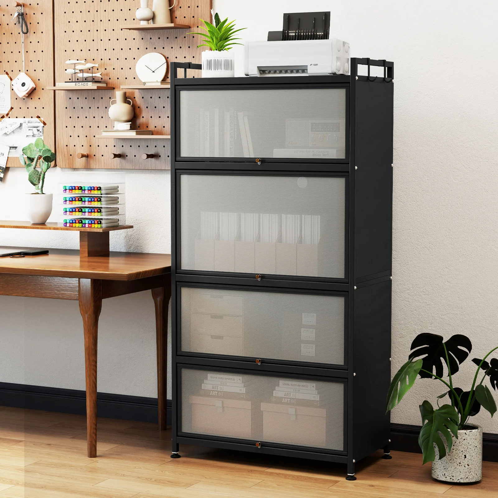 5-Tier Kitchen Storage Cabinet with 4 Flip-up Doors, Black - Image 7