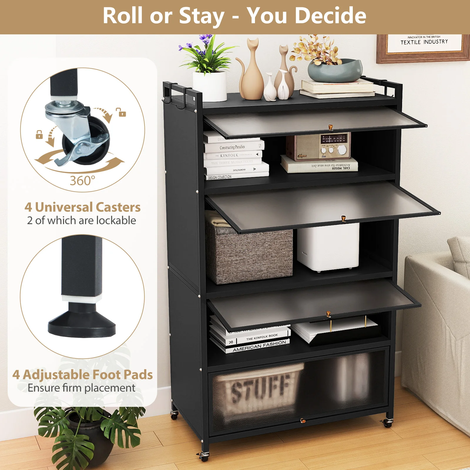5-Tier Kitchen Storage Cabinet with 4 Flip-up Doors, Black - Image 8