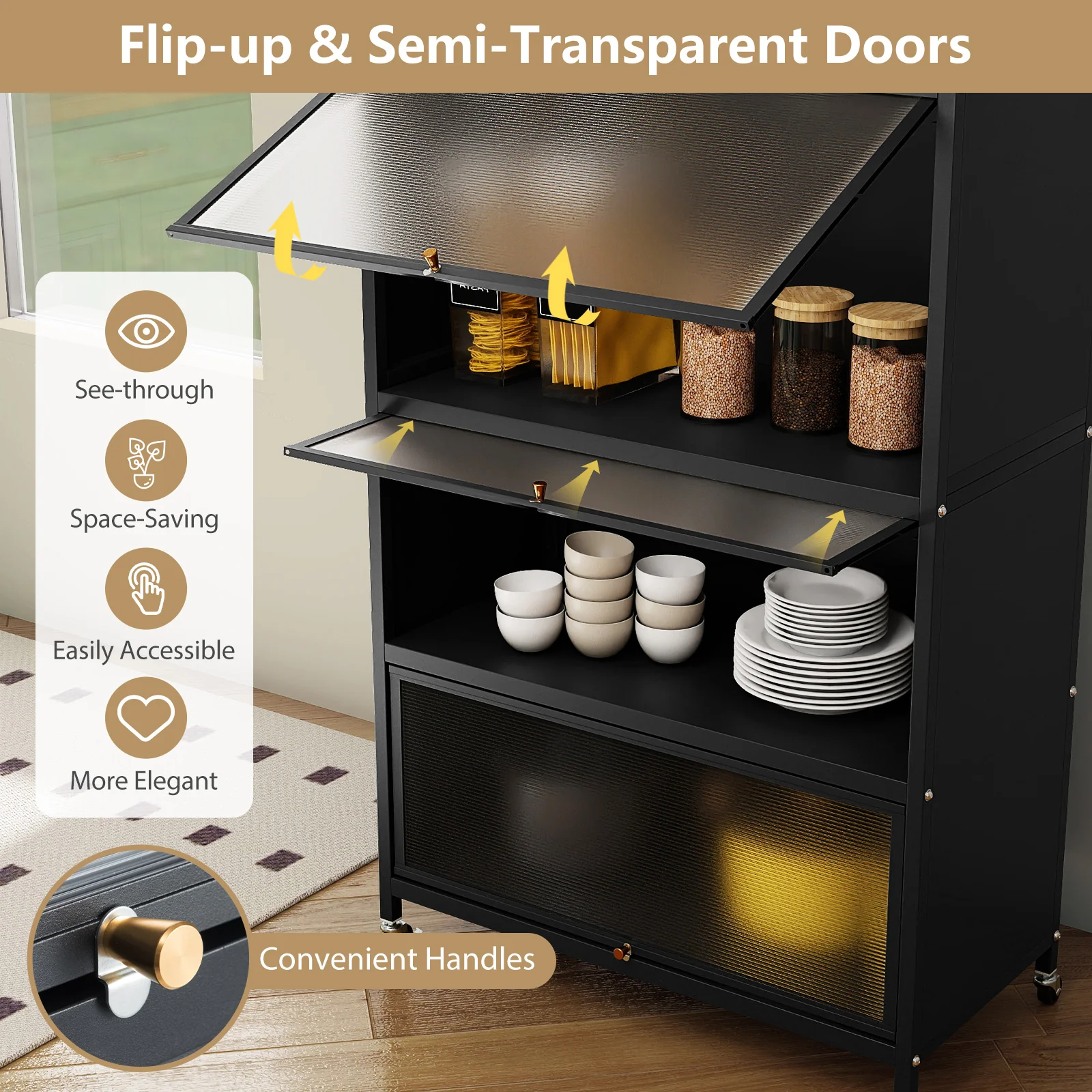 5-Tier Kitchen Storage Cabinet with 4 Flip-up Doors, Black - Image 9