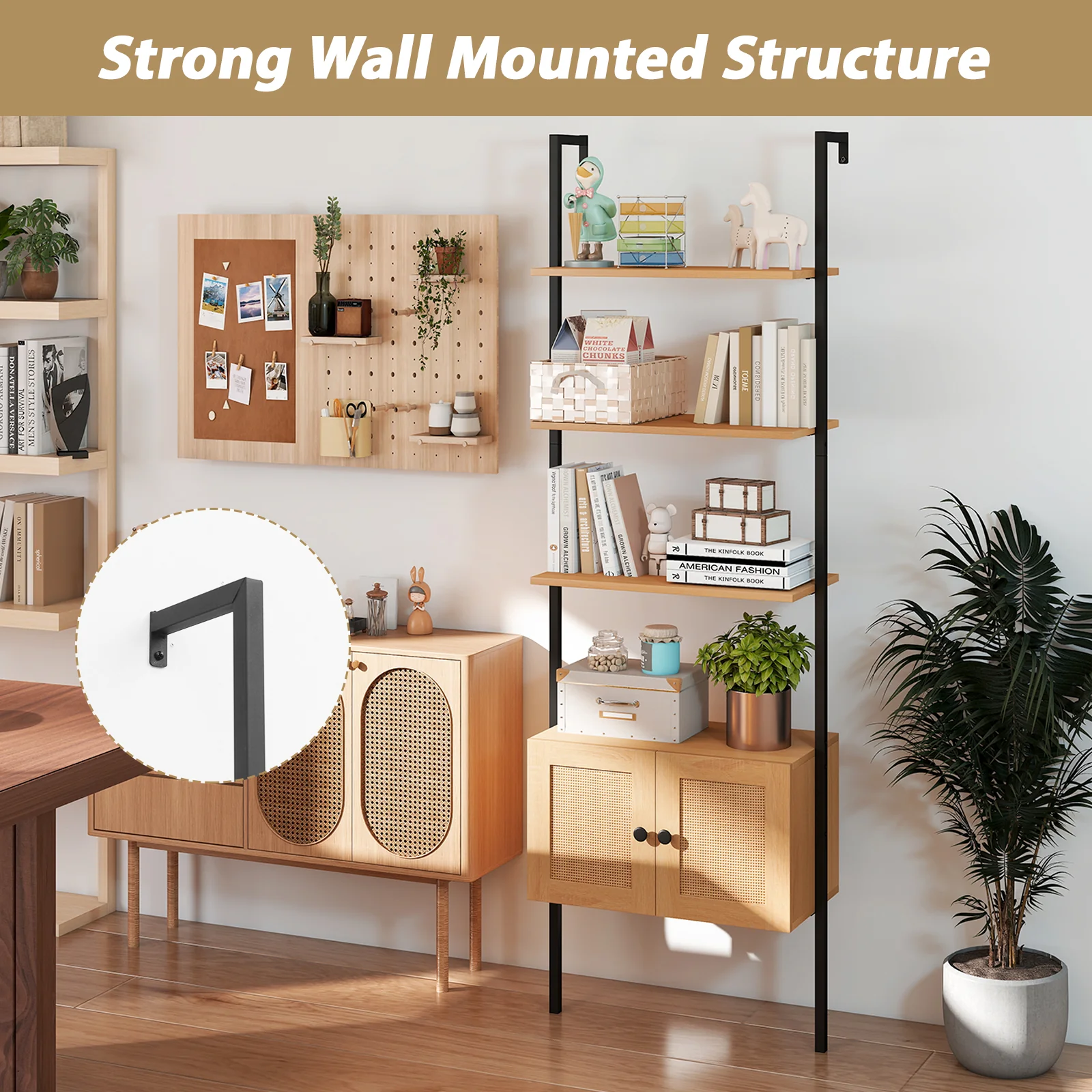 5-Tier Ladder Bookcase, Rattan Cabinet, Metal Frame, Natural - Image 10