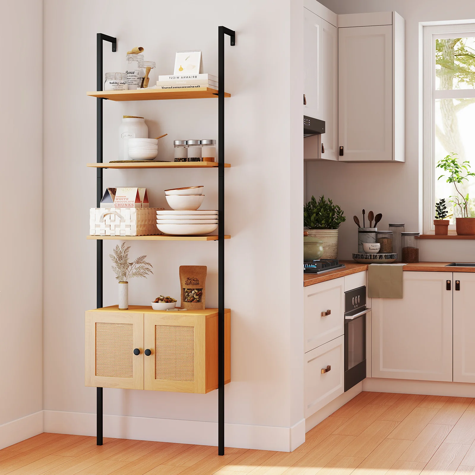 5-Tier Ladder Bookcase, Rattan Cabinet, Metal Frame, Natural - Image 3