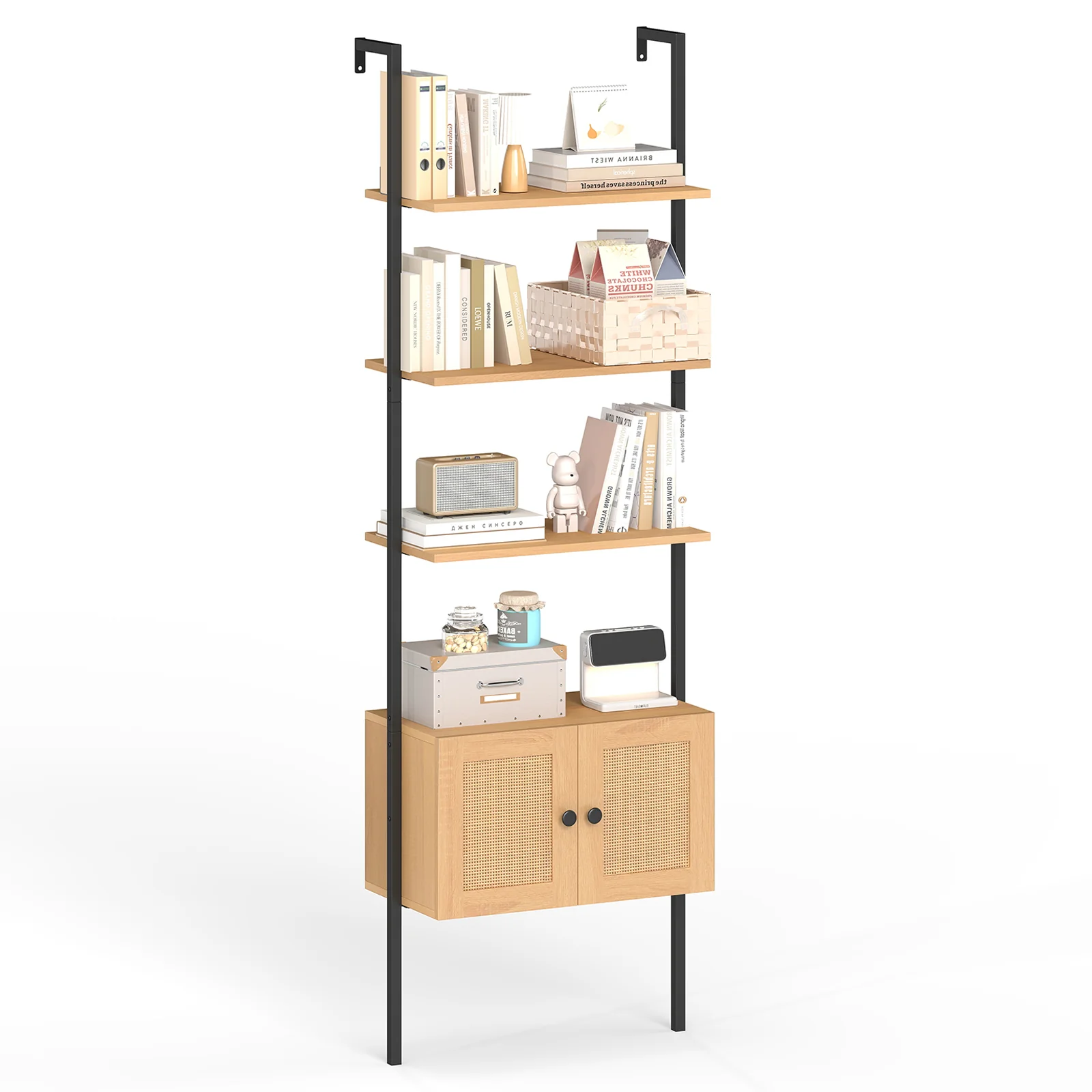 5-Tier Ladder Bookcase, Rattan Cabinet, Metal Frame, Natural - Image 5