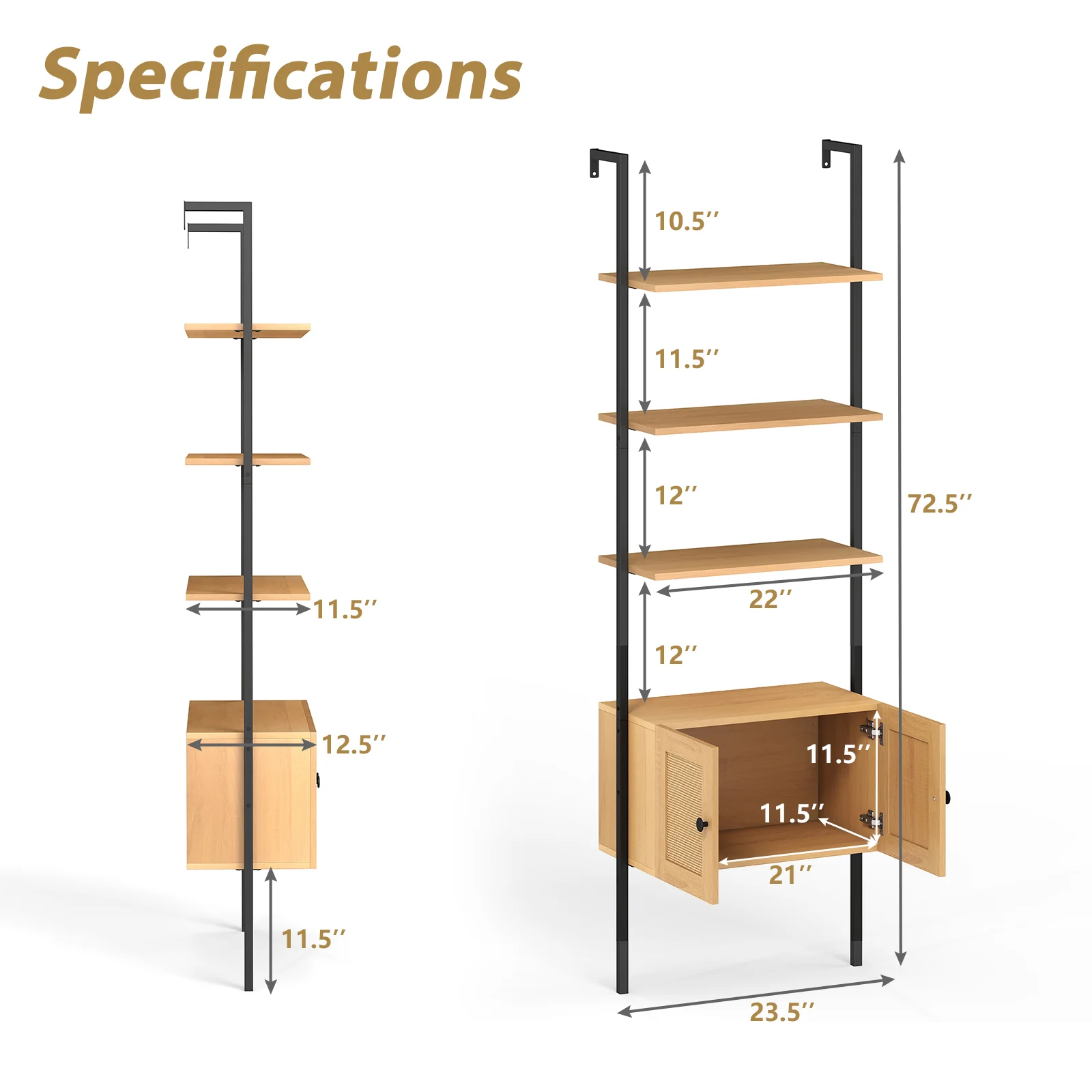 5-Tier Ladder Bookcase, Rattan Cabinet, Metal Frame, Natural - Image 6
