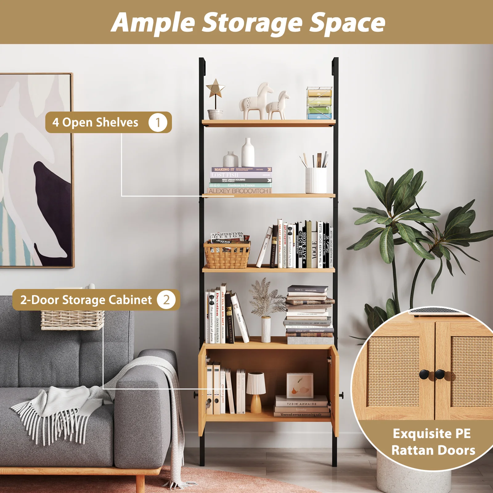5-Tier Ladder Bookcase, Rattan Cabinet, Metal Frame, Natural - Image 7