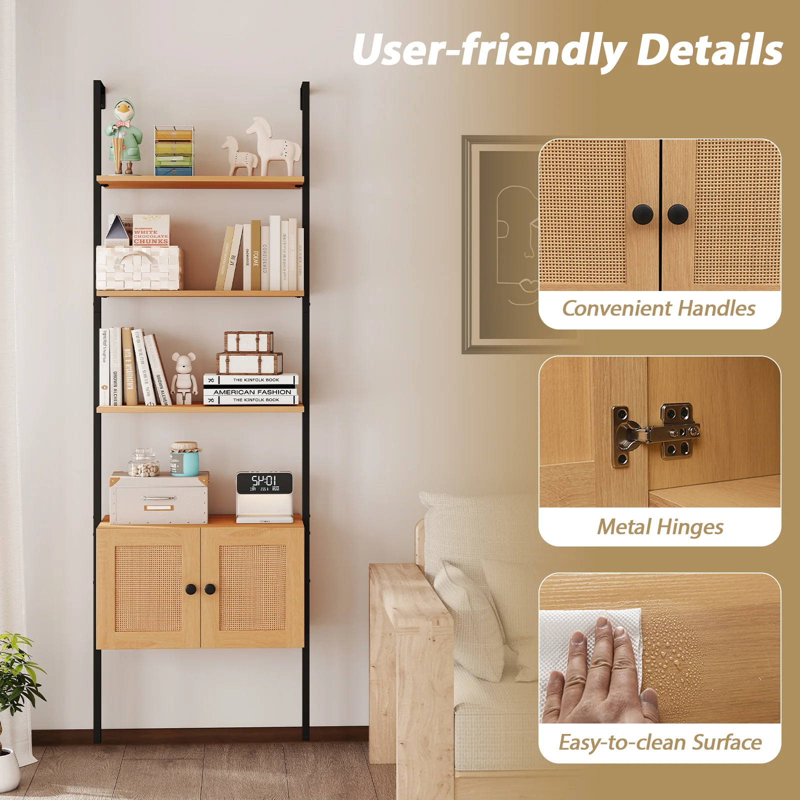 5-Tier Ladder Bookcase, Rattan Cabinet, Metal Frame, Natural - Image 8