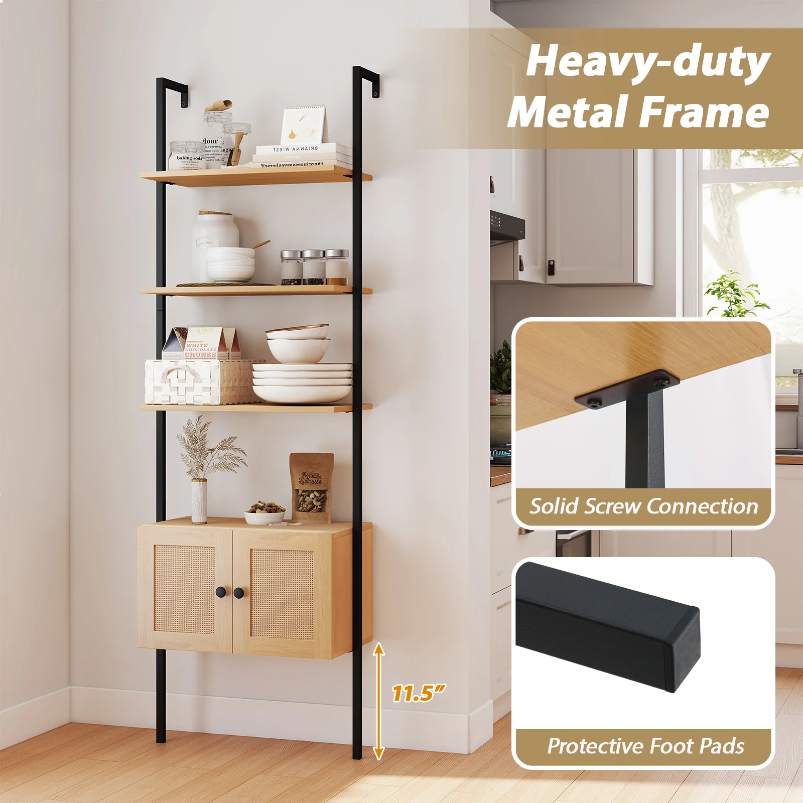 5-Tier Ladder Bookcase, Rattan Cabinet, Metal Frame, Natural - Image 9