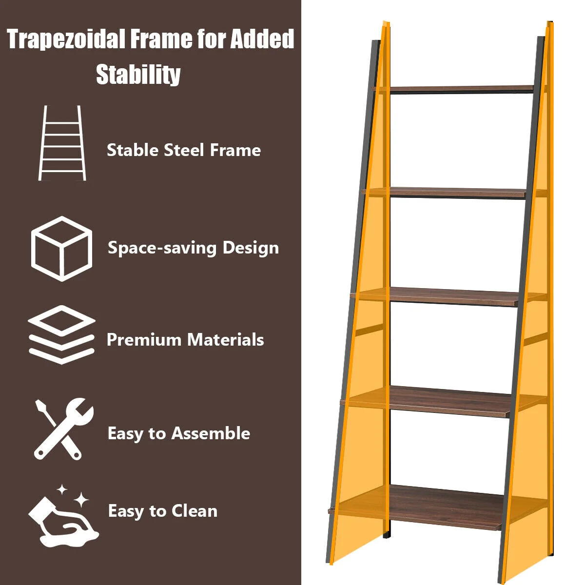 5 Tier Leaning Bookshelf Wood Metal Bookcase - Image 10