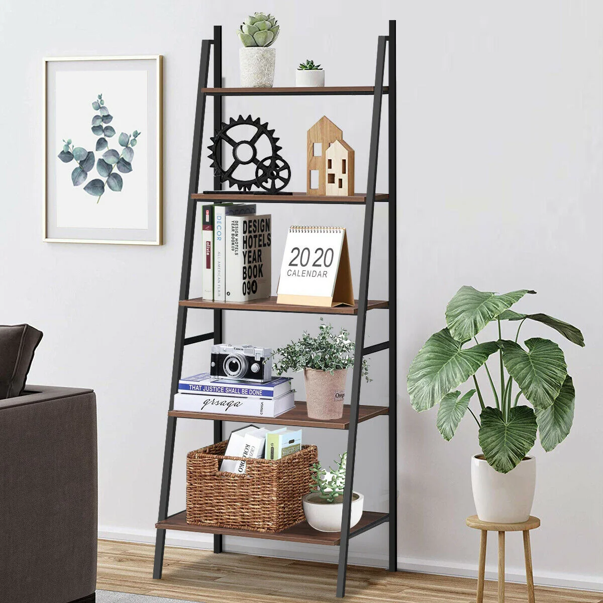5 Tier Leaning Bookshelf Wood Metal Bookcase - Image 2