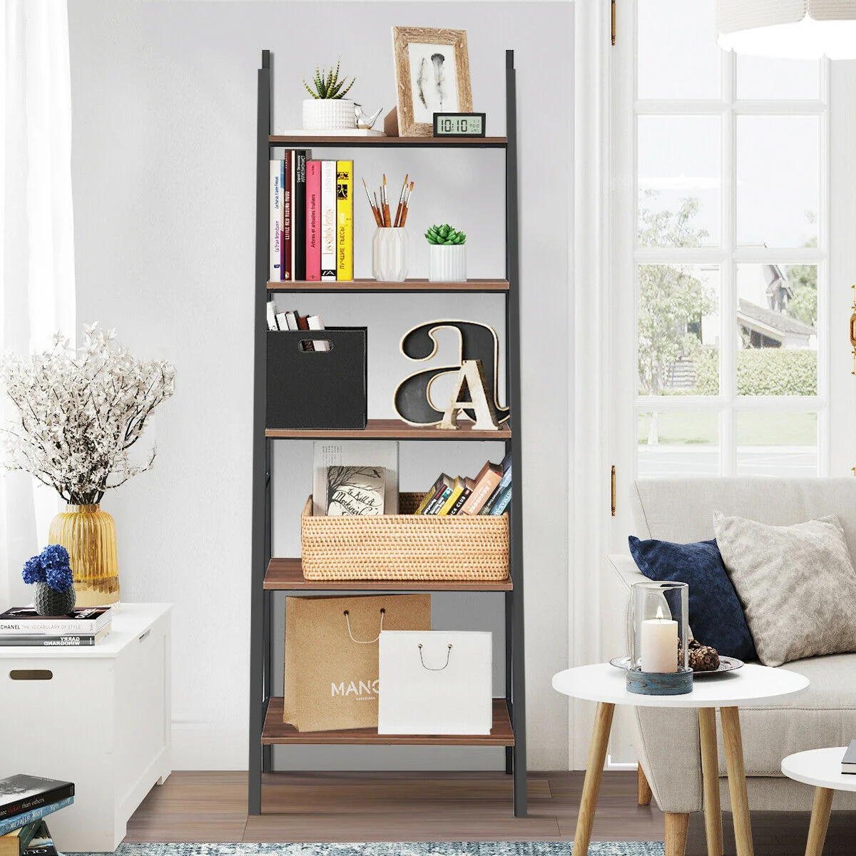 5 Tier Leaning Bookshelf Wood Metal Bookcase - Image 3