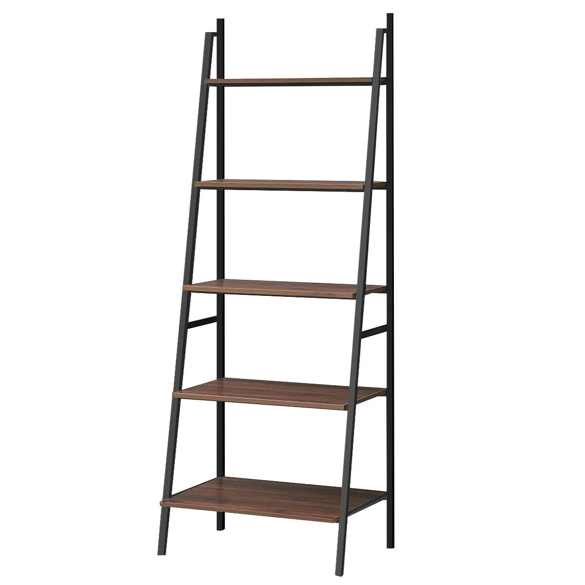 5 Tier Leaning Bookshelf Wood Metal Bookcase - Image 4