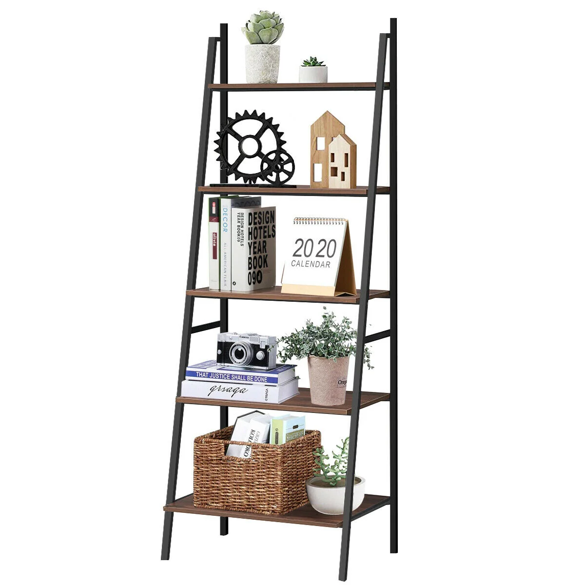 5 Tier Leaning Bookshelf Wood Metal Bookcase - Image 5