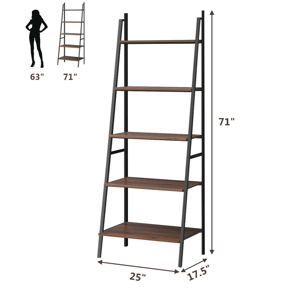 5 Tier Leaning Bookshelf Wood Metal Bookcase - Image 6