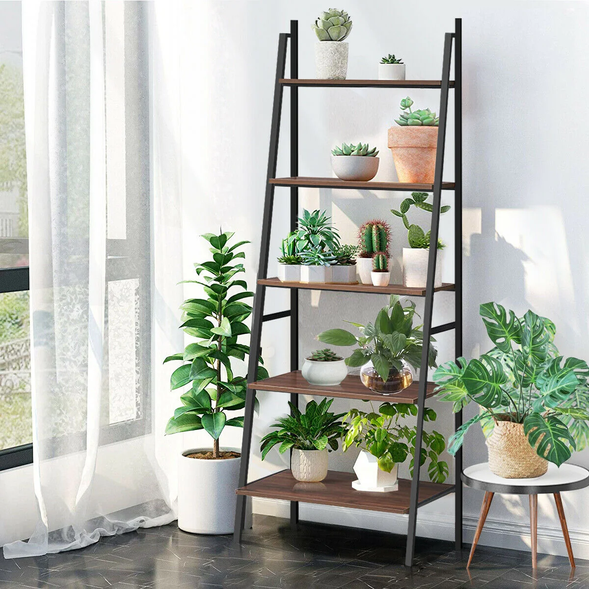 5 Tier Leaning Bookshelf Wood Metal Bookcase - Image 7