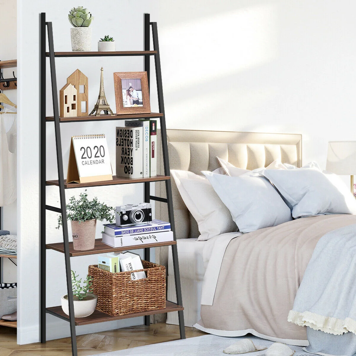 5 Tier Leaning Bookshelf Wood Metal Bookcase - Image 8