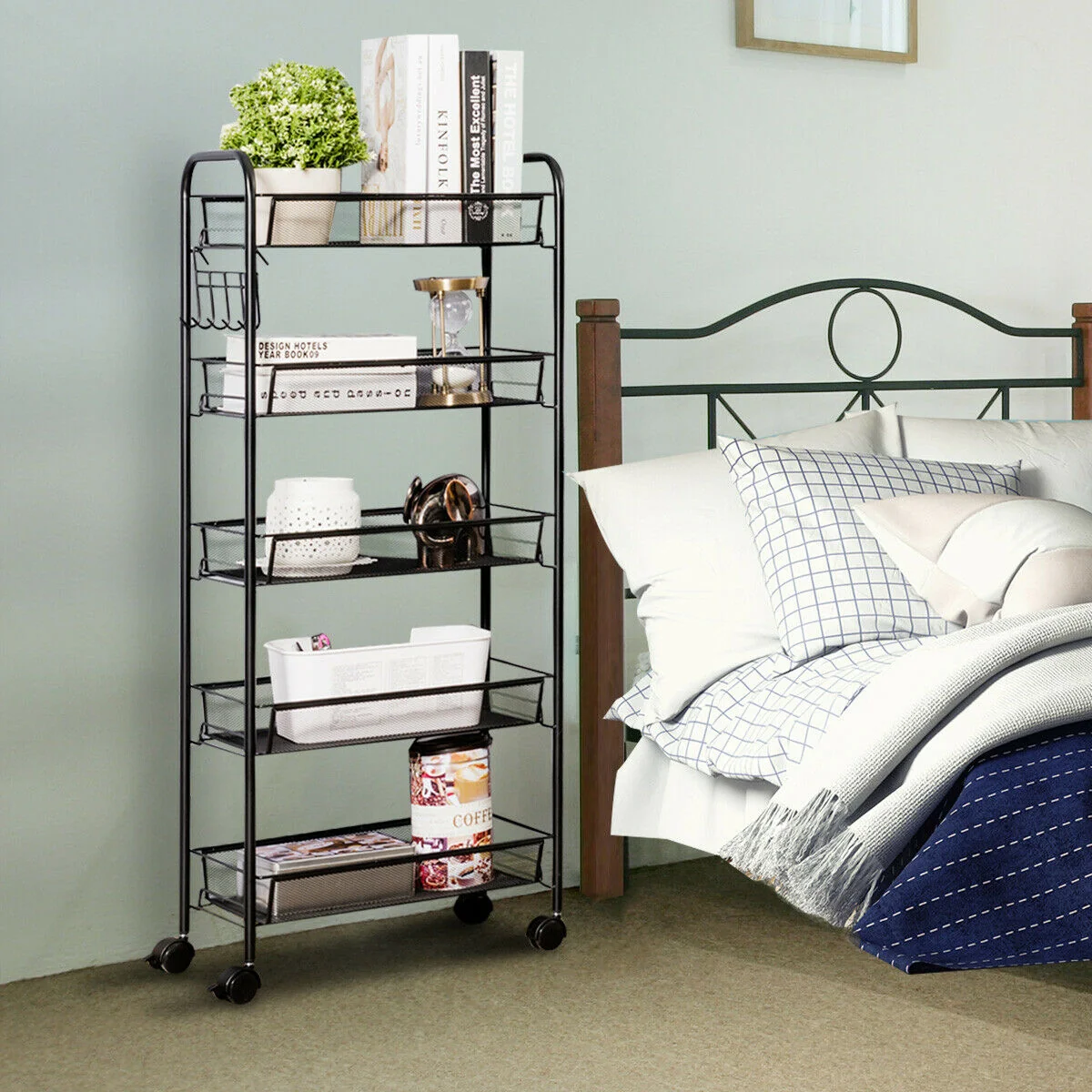 5 Tier Mesh Rolling File Cart, Black - Image 2