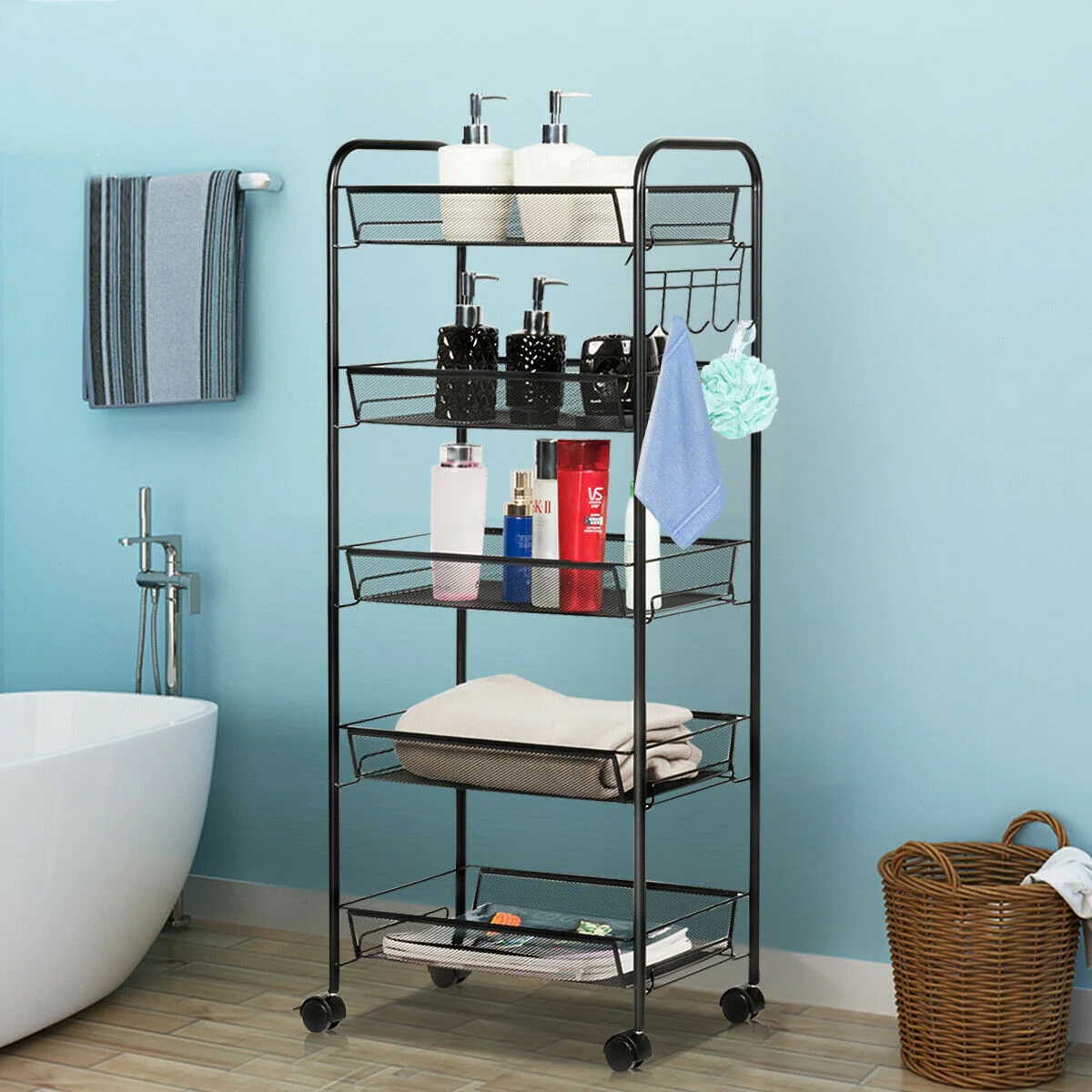 5 Tier Mesh Rolling File Cart, Black - Image 3