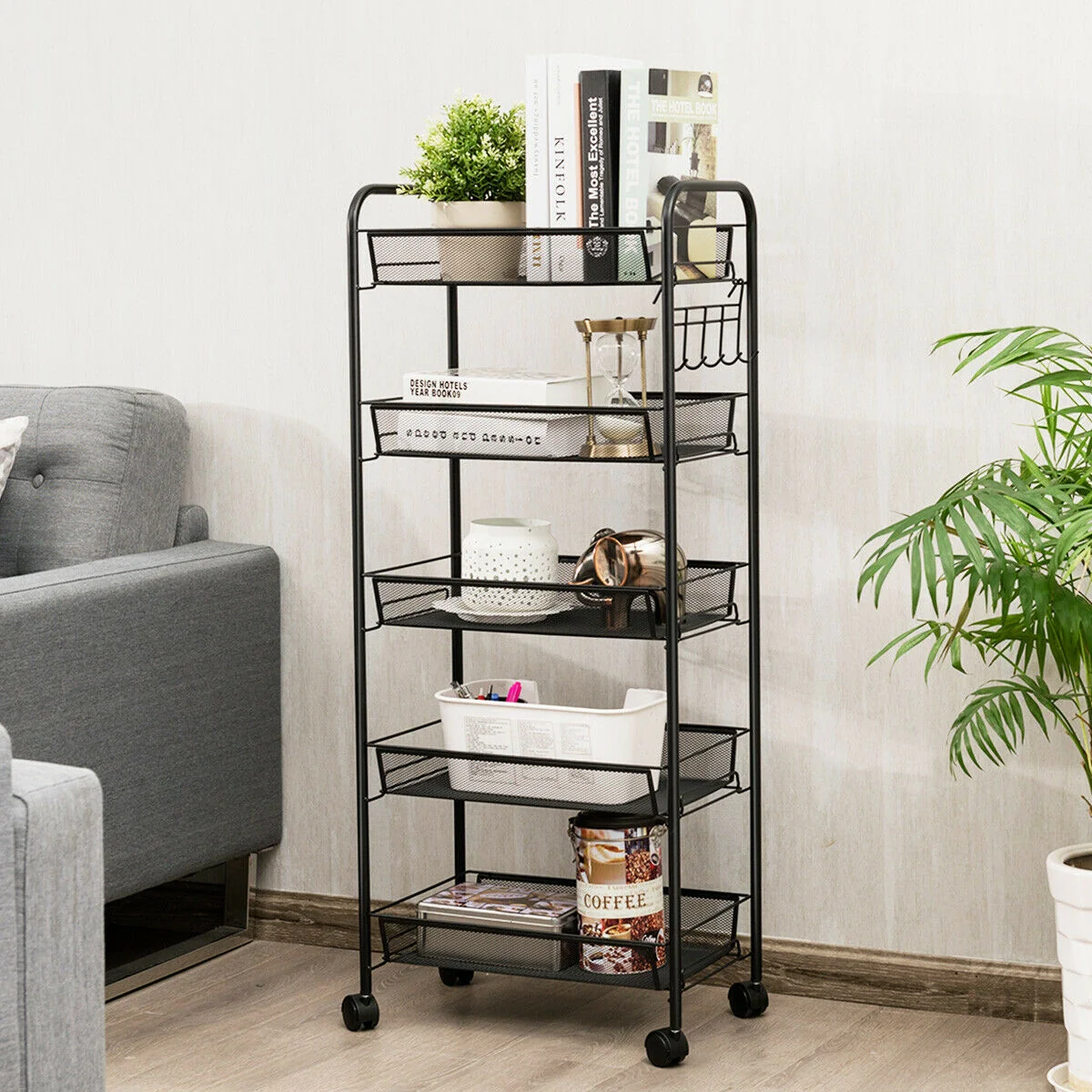 5 Tier Mesh Rolling File Cart, Black - Image 4