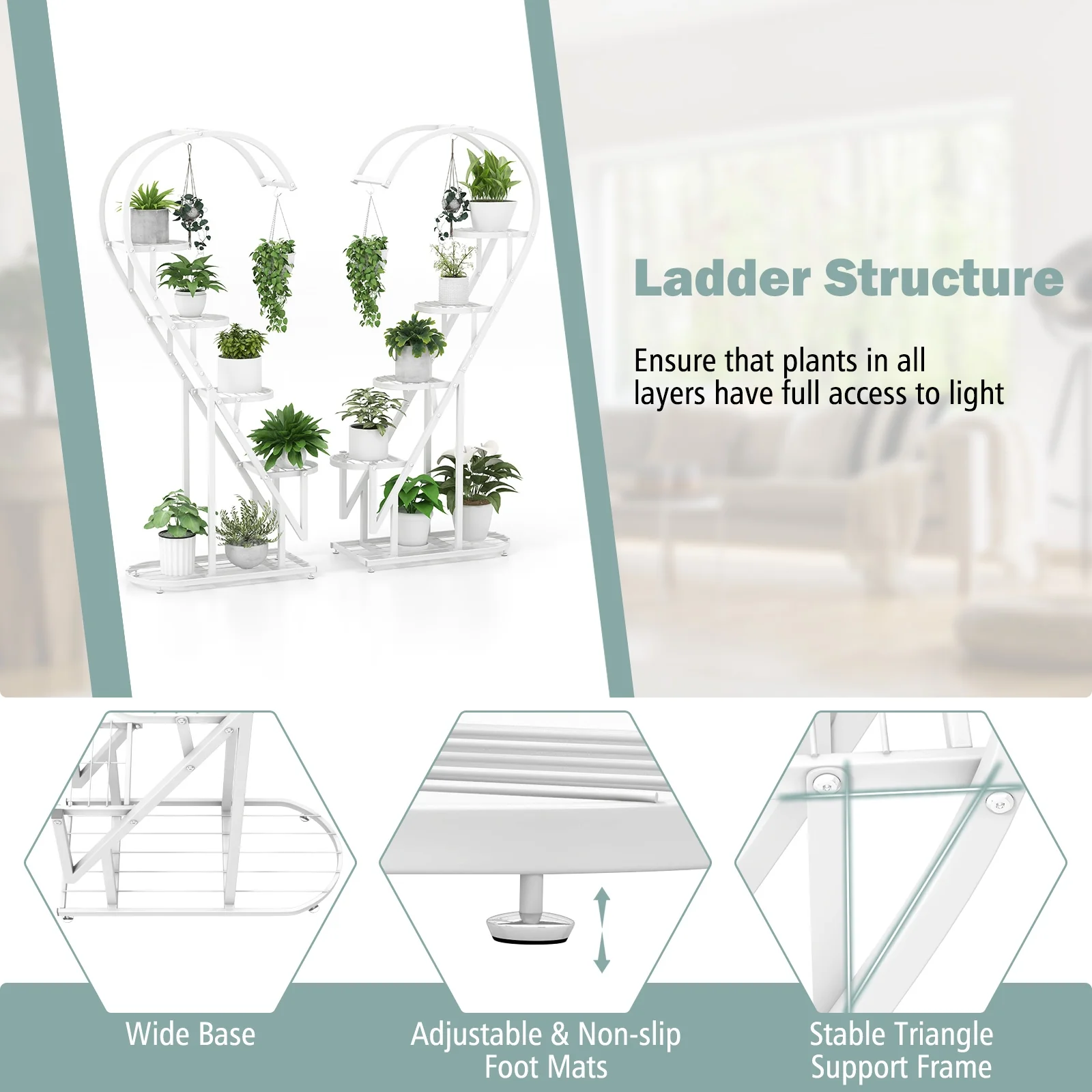 5 Tier Metal Plant Stand With Hanging Hook, White - Image 10