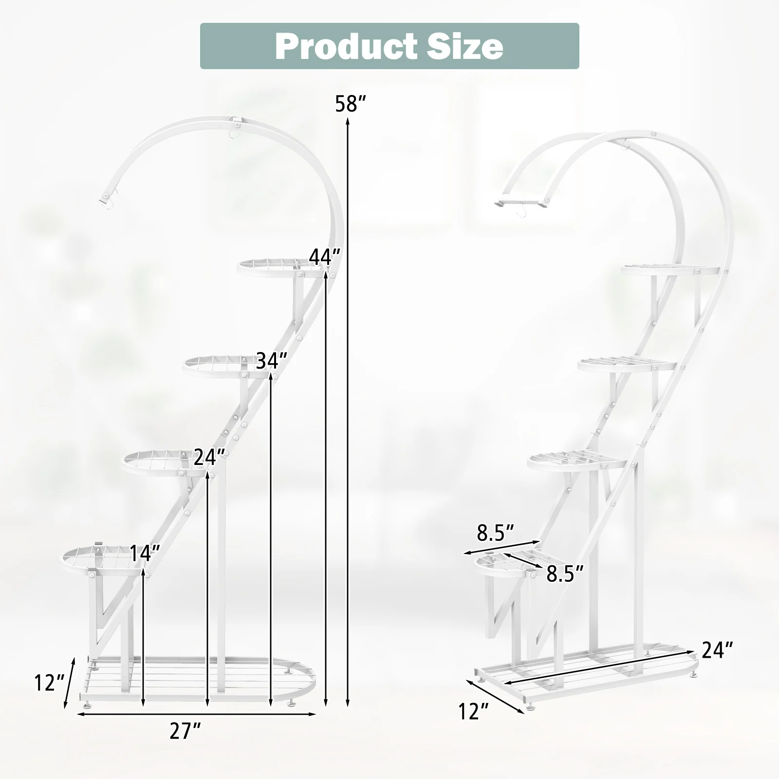 5 Tier Metal Plant Stand With Hanging Hook, White - Image 5