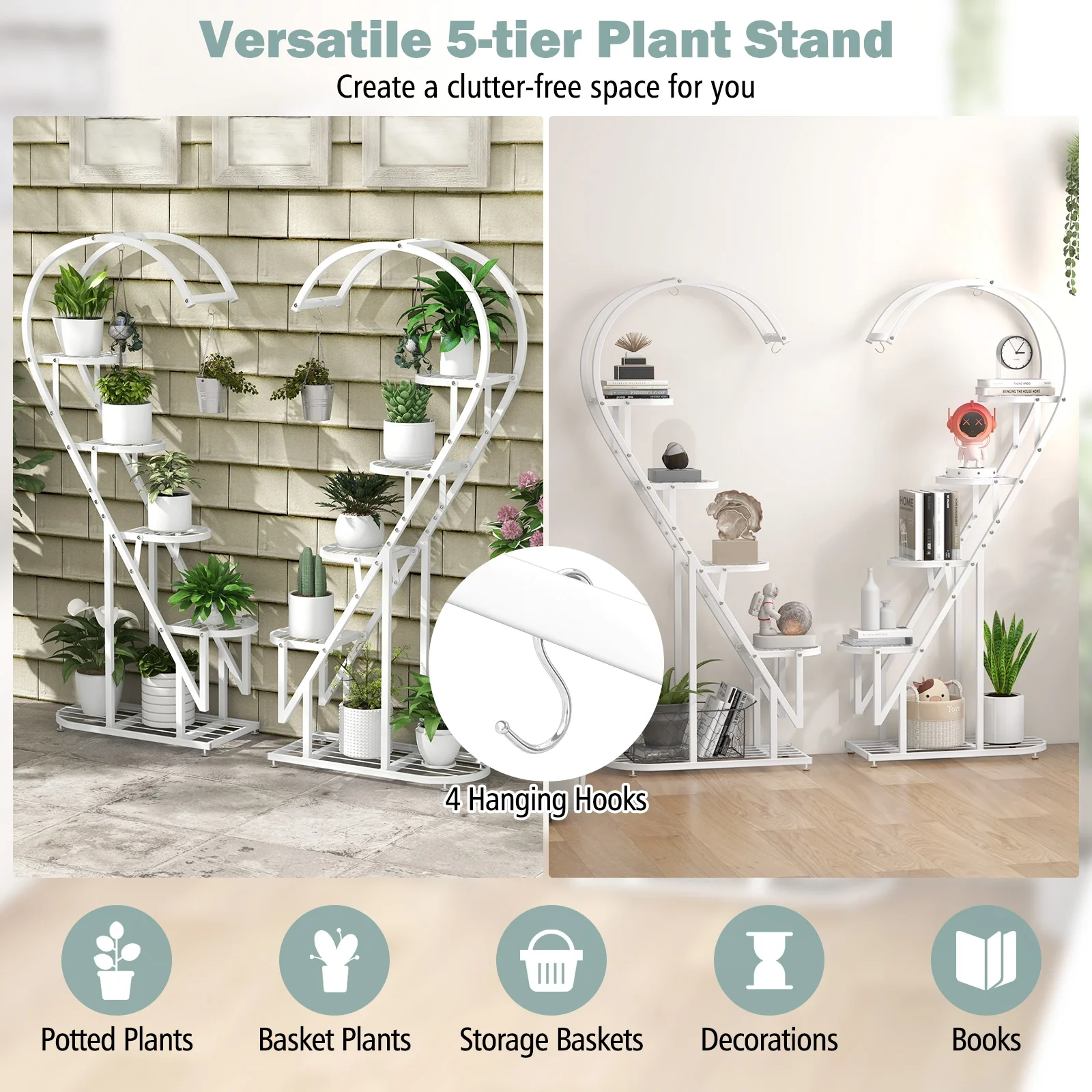 5 Tier Metal Plant Stand With Hanging Hook, White - Image 7