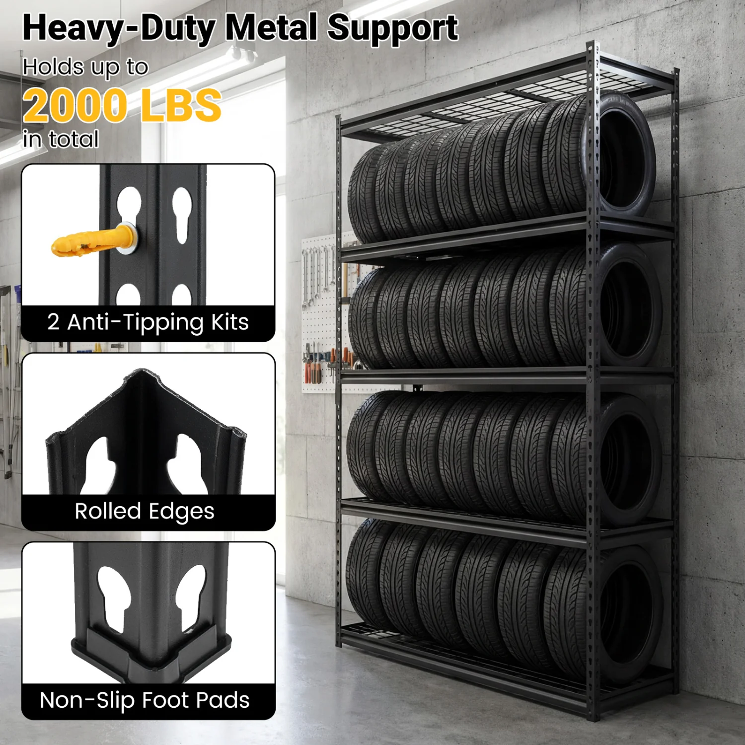 5-Tier Metal Shelving Unit, 2000Lbs Capacity, Black - Image 6