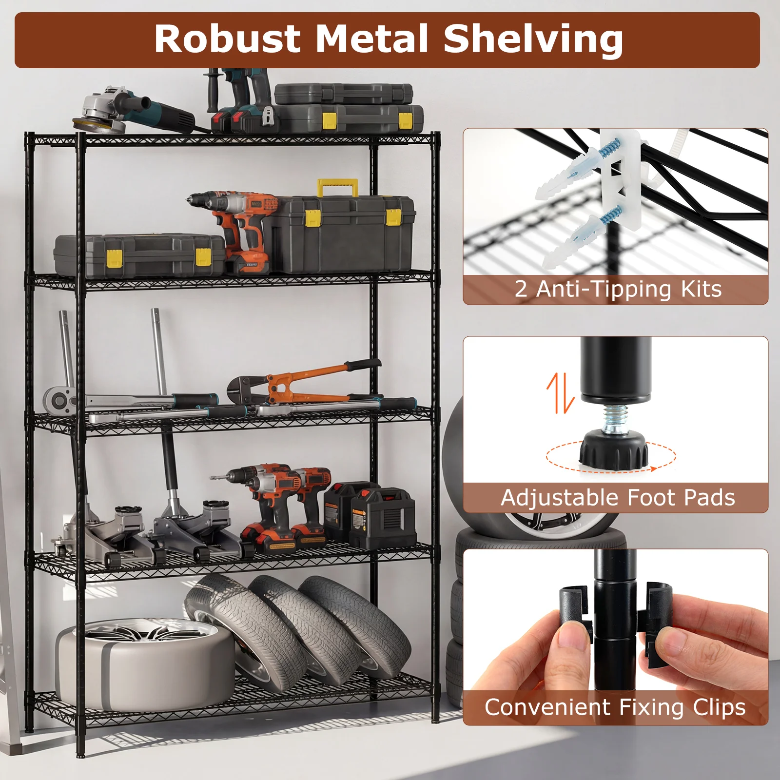 5-Tier Metal Storage Shelving Unit Set of 2 Adjustable Utility Shelf with V-Shaped Wire Rack, Black - Image 10