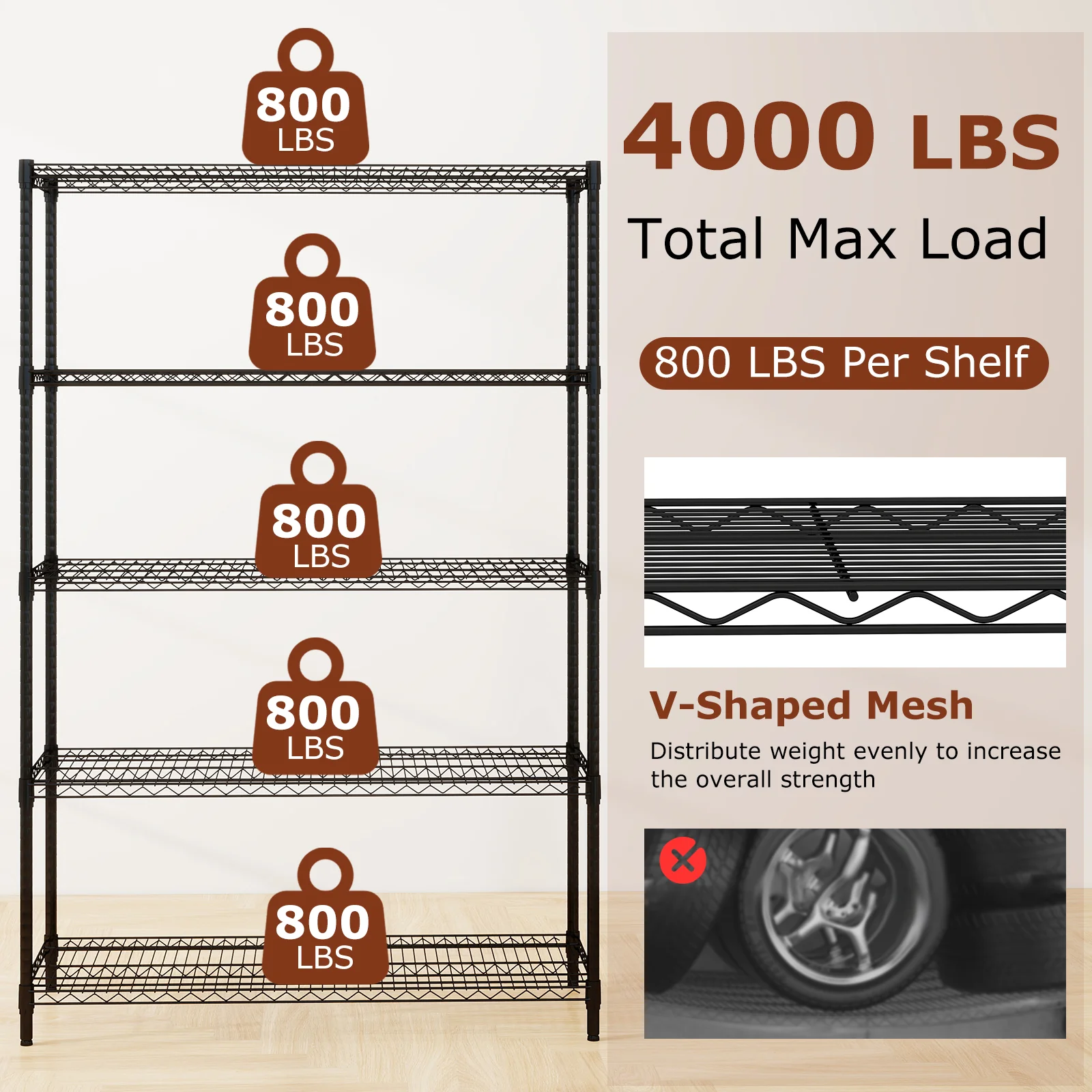 5-Tier Metal Storage Shelving Unit Set of 2 Adjustable Utility Shelf with V-Shaped Wire Rack, Black - Image 7
