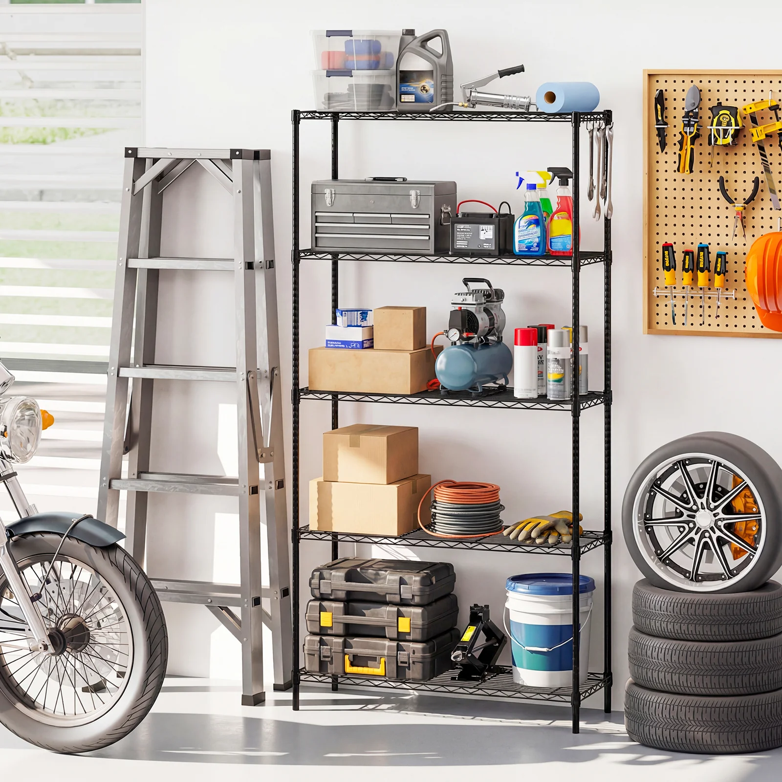 5-Tier Metal Storage Shelving Unit with V-Shaped Wire Rack and 1250 LBS Capacity-DK, Black - Image 3