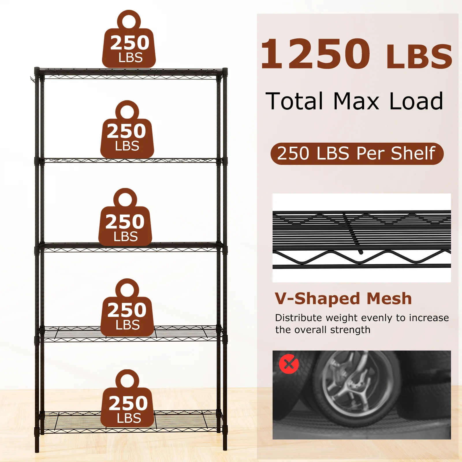 5-Tier Metal Storage Shelving Unit with V-Shaped Wire Rack and 1250 LBS Capacity-DK, Black - Image 7