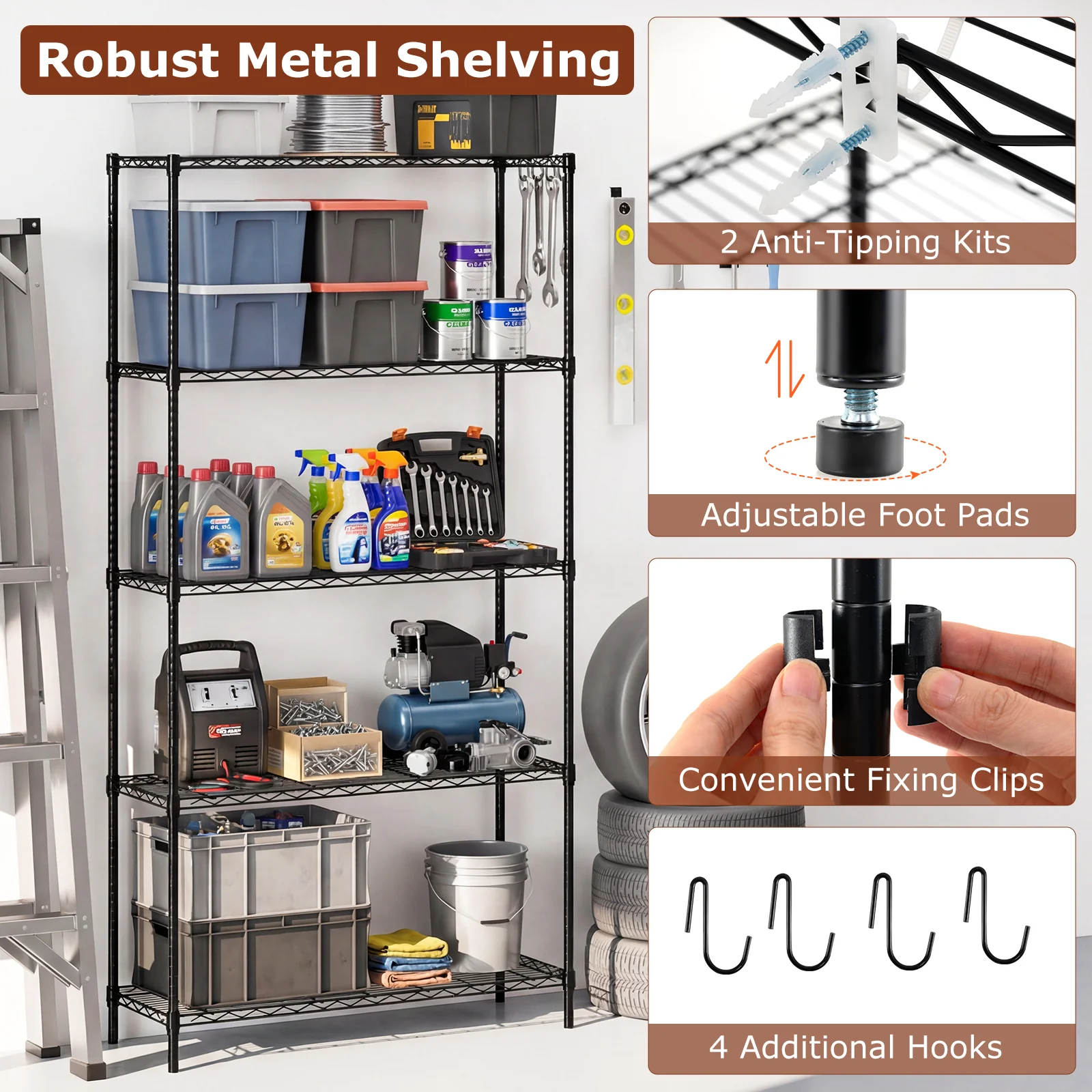 5-Tier Metal Storage Shelving Unit with V-Shaped Wire Rack and 1250 LBS Capacity-DK, Black - Image 9