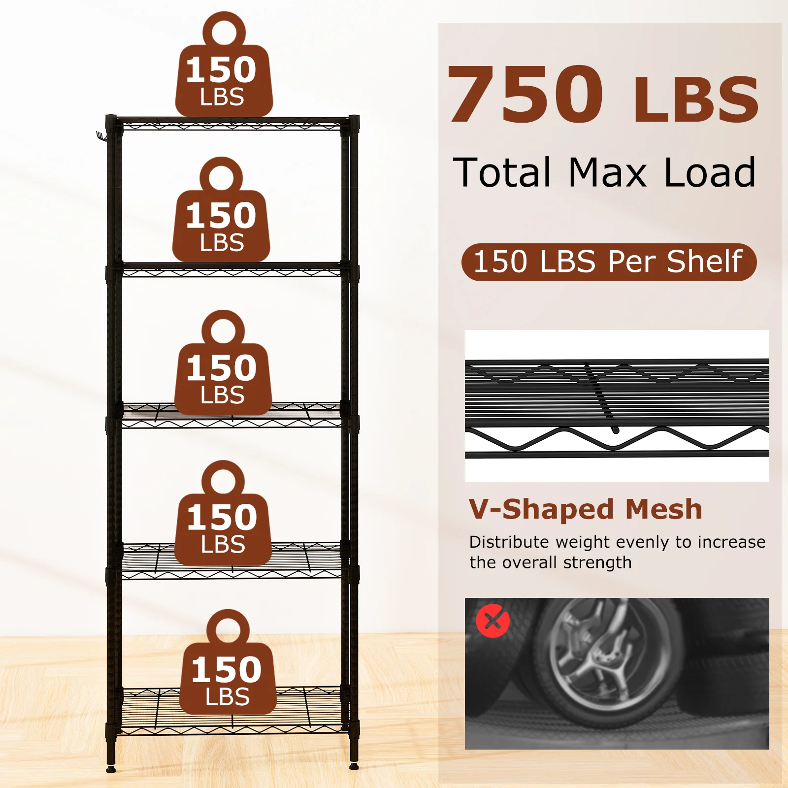 5-Tier Metal Storage Shelving Unit with V-Shaped Wire Rack and 750 LBS Capacity-DK, Black - Image 9