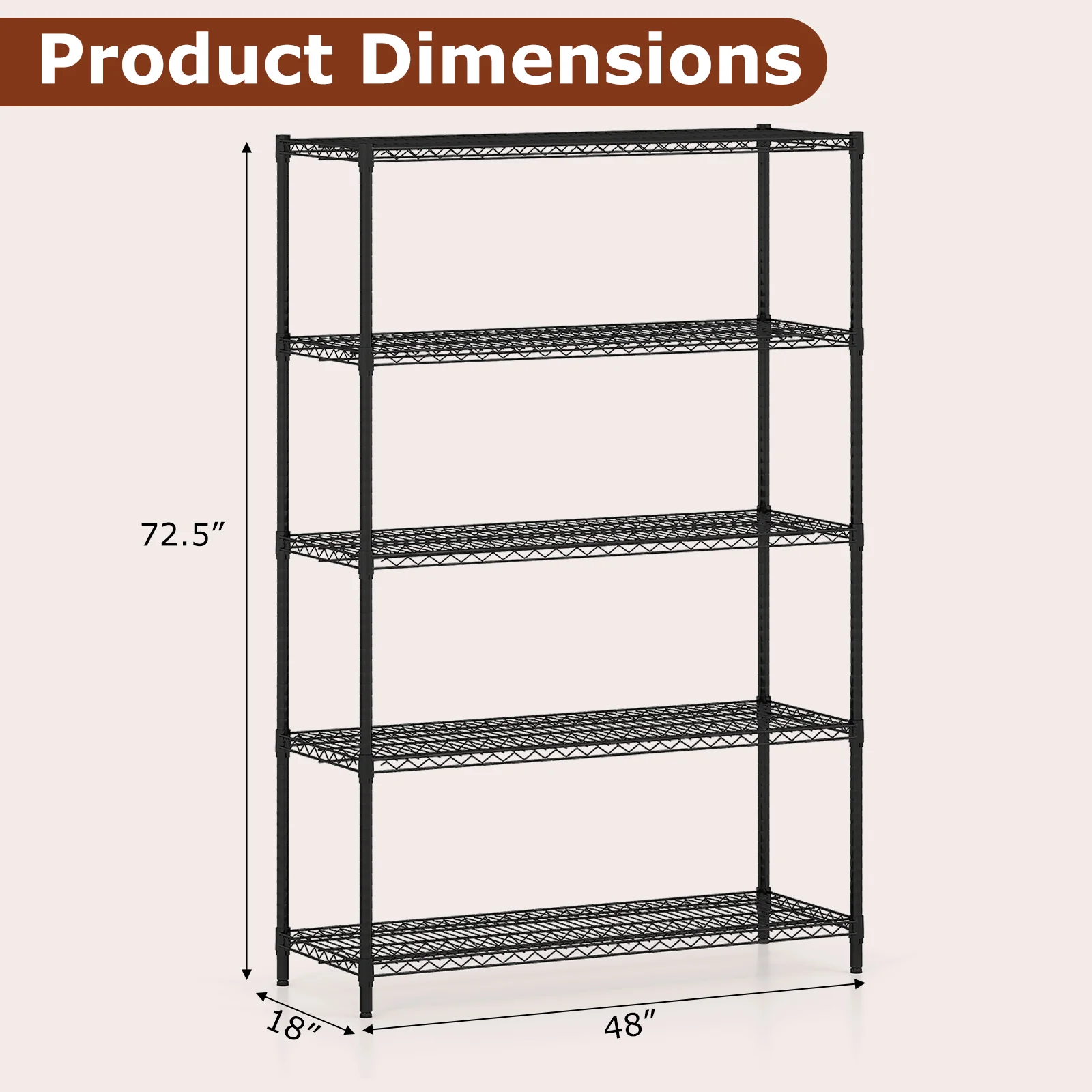 5-Tier Metal Storage Shelving Unit with V-Shaped Wire Rack-DK, Black - Image 6