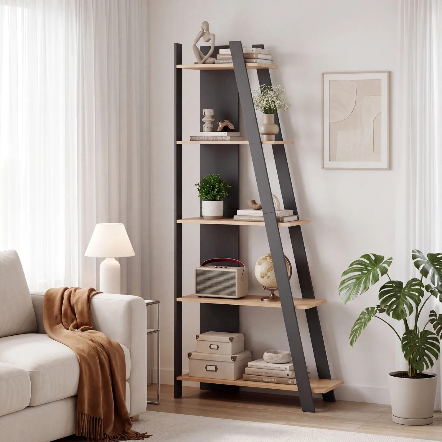 5-Tier Modern Bookshelf Narrow Vertical Display Shelf for Small Space, Gray - Image 2
