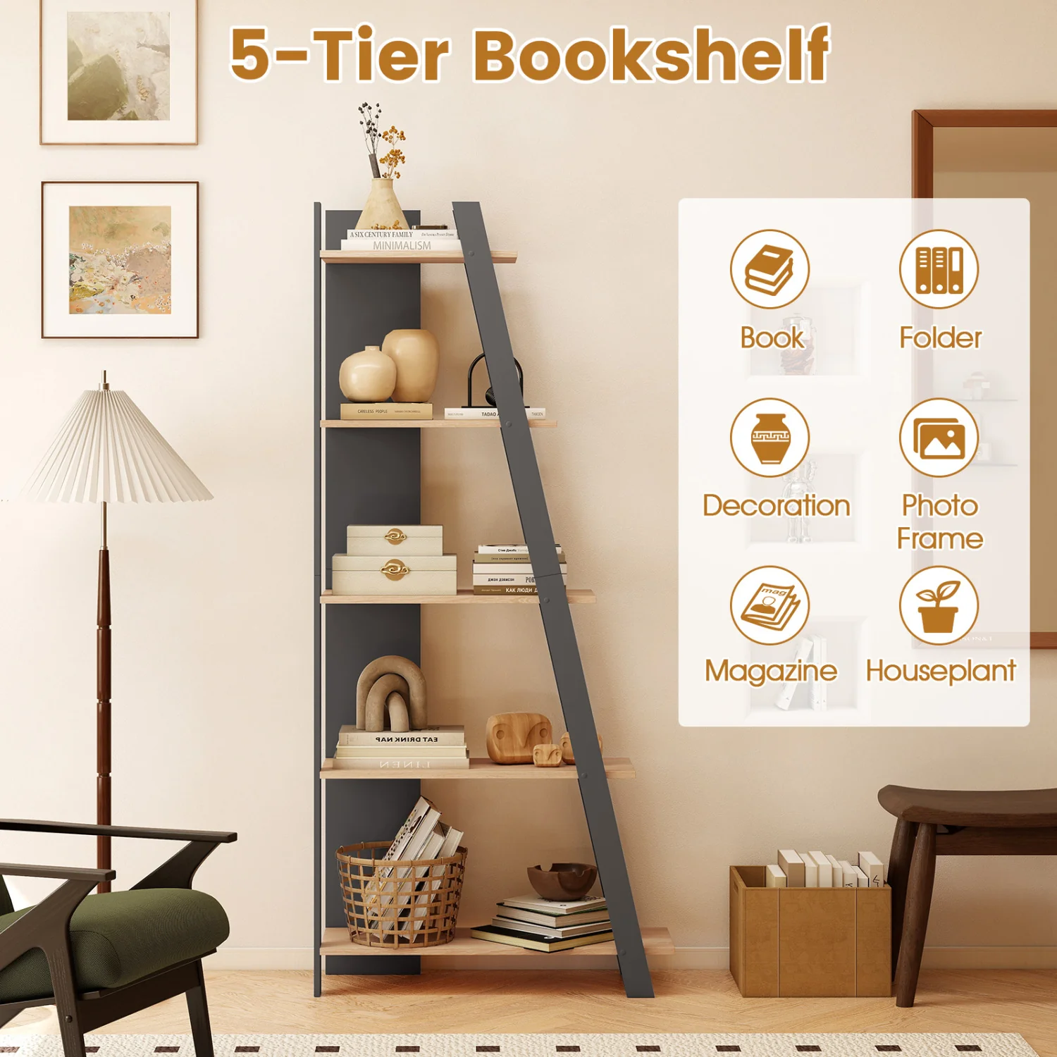 5-Tier Modern Bookshelf Narrow Vertical Display Shelf for Small Space, Gray - Image 7