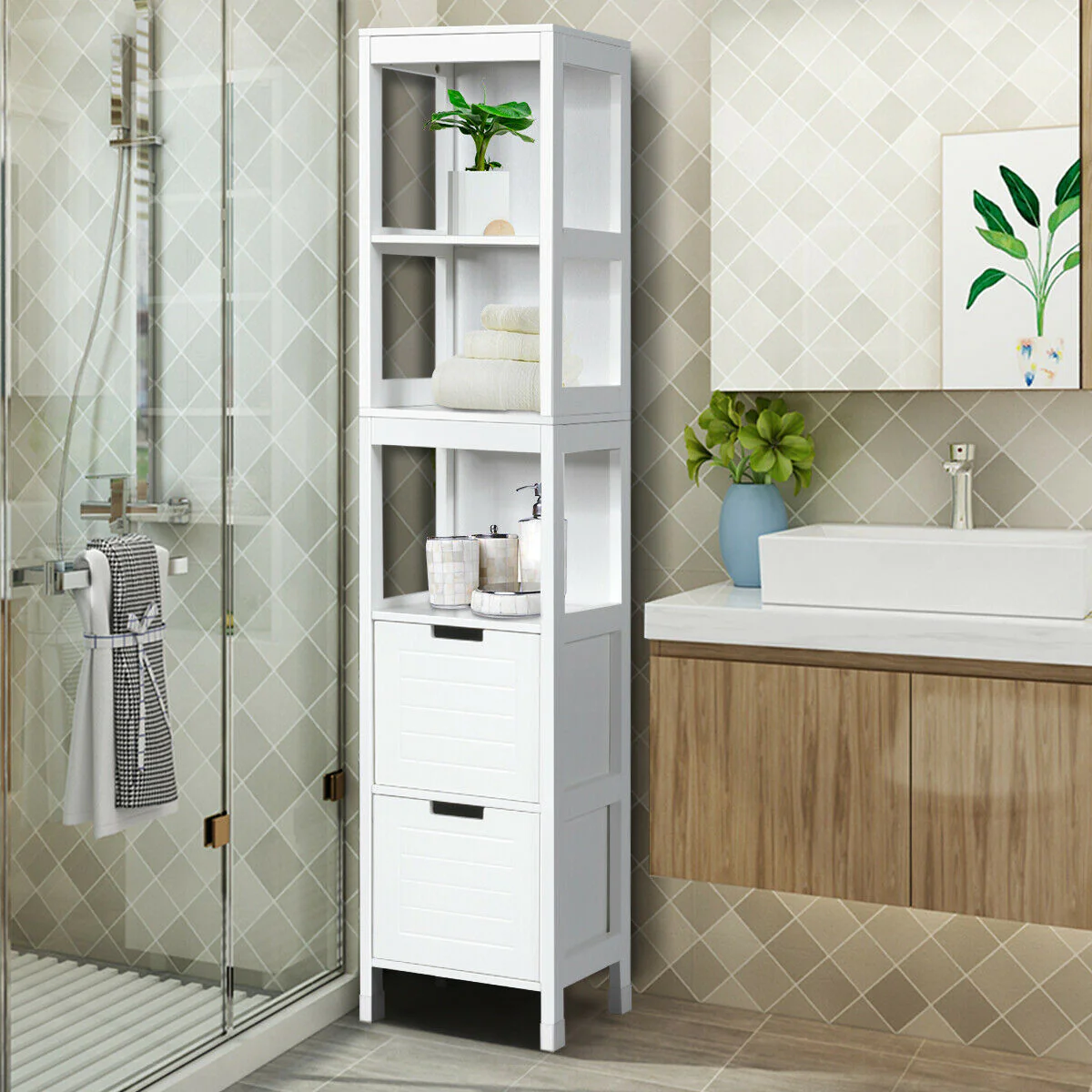 5-Tier Multifunctional Bathroom Floor Cabinet, 2 Drawers, White - Image 3