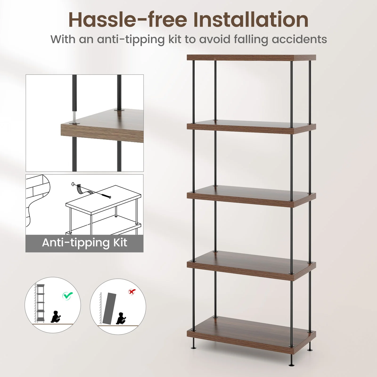 5-Tier Multipurpose Display Rack, Metal Frame, Walnut - Image 10